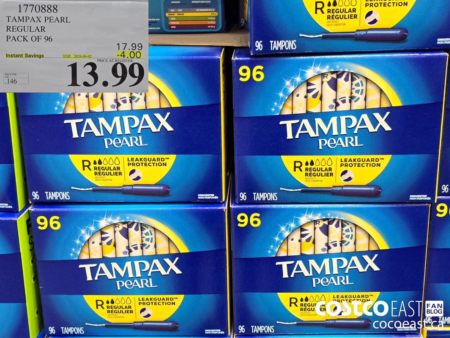 1770888 TAMPAX PEARL REGULAR PACK OF 96 ($4.00 INSTANT SAVINGS EXPIRES ON 2024-06-02) $13.99