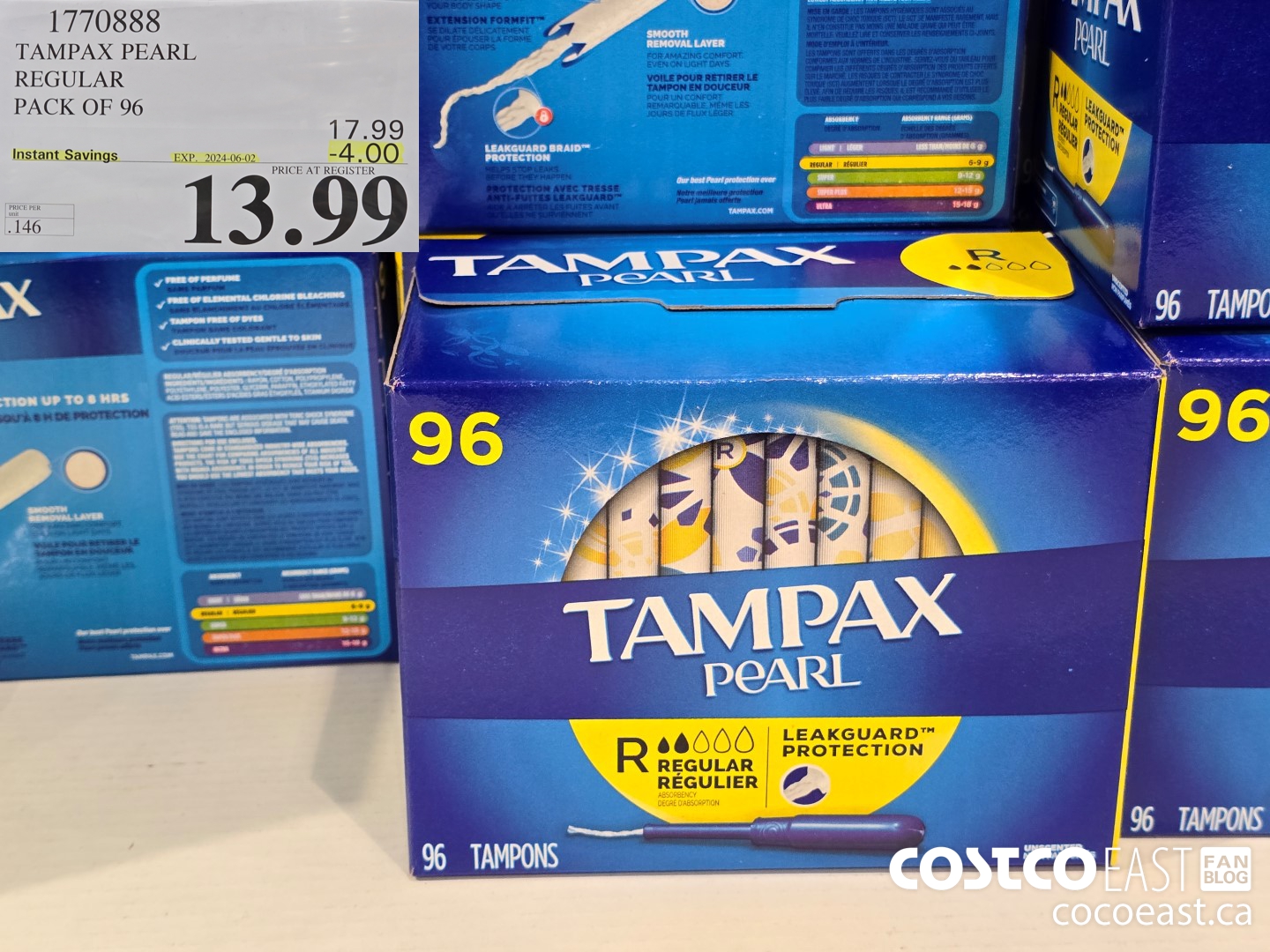 1770888 TAMPAX PEARL REGULAR PACK OF 96 ($4.00 INSTANT SAVINGS EXPIRES ON 2024-06-02) $13.99