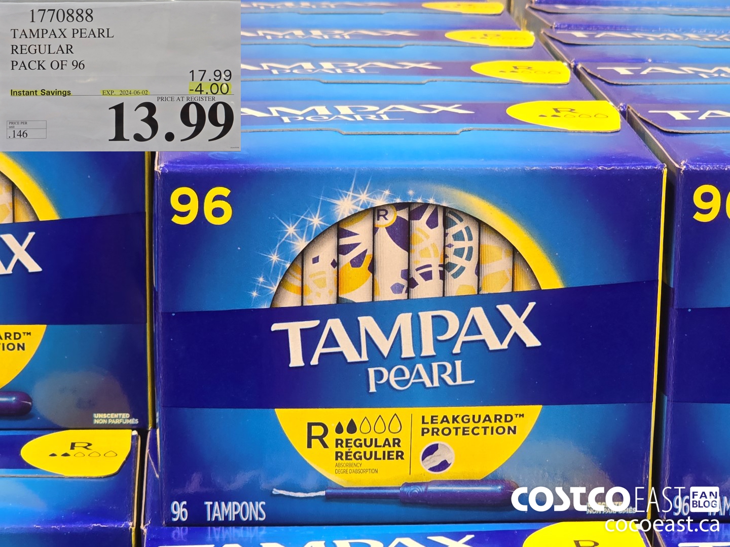 1770888 TAMPAX PEARL REGULAR PACK OF 96 ($4.00 INSTANT SAVINGS EXPIRES ON 2024-06-02) $13.99