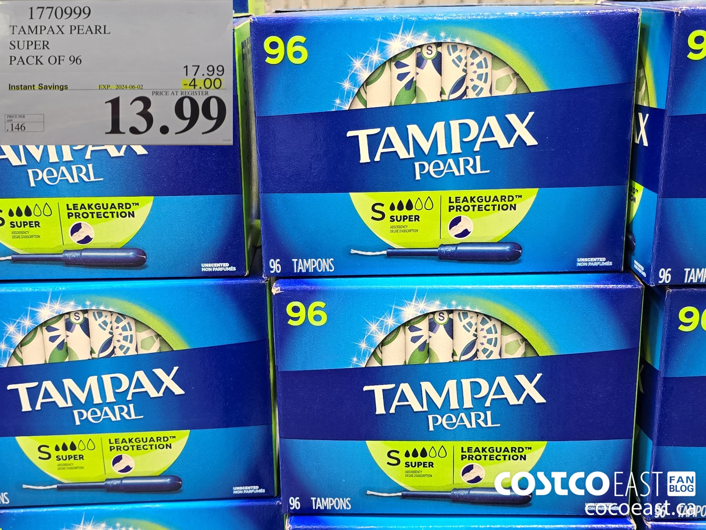 1770999 TAMPAX PEARL SUPER PACK OF 96 ($4.00 INSTANT SAVINGS EXPIRES ON 2024-06-02) $13.99