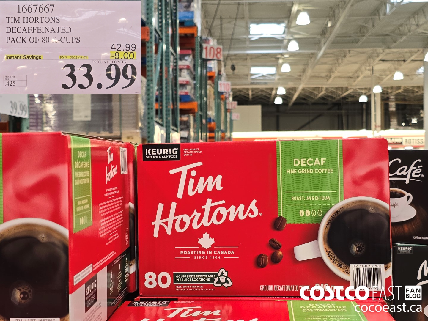 1667667 TIM HORTONS DECAFFEINATED PACK OF 80 K-CUPS ($9.00 INSTANT SAVINGS EXPIRES ON 2024-06-02) $33.99