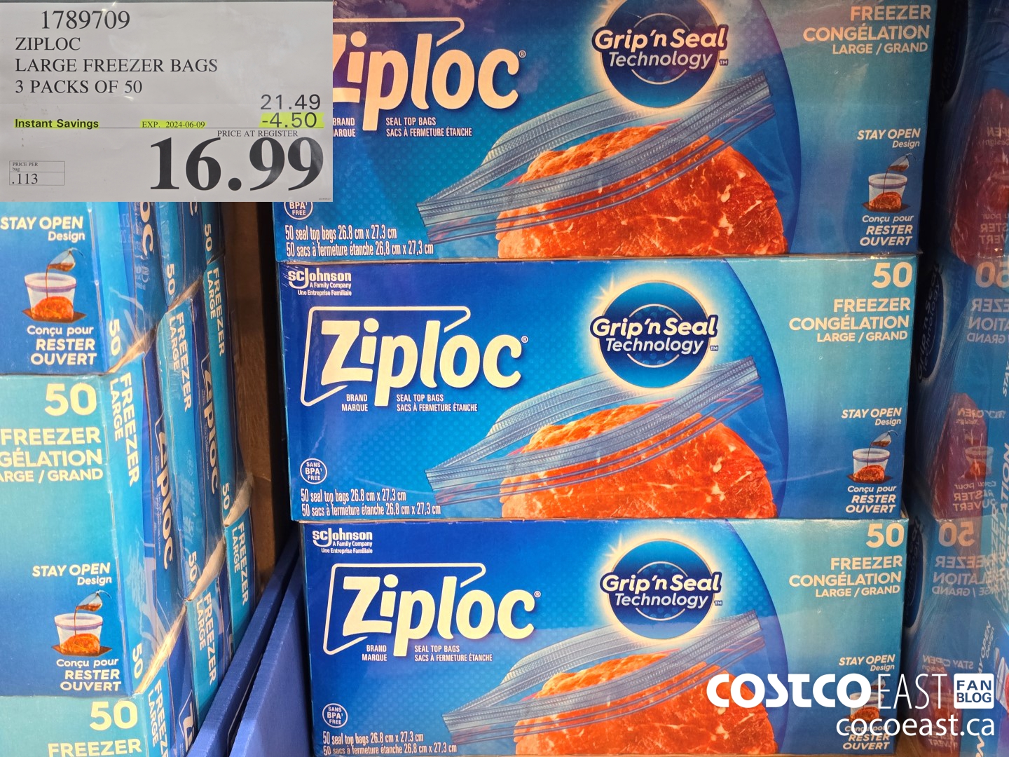 1789709 ZIPLOC LARGE FREEZER BAGS 3 PACKS OF 50 ($4.50 INSTANT SAVINGS EXPIRES ON 2024-06-09) $16.99