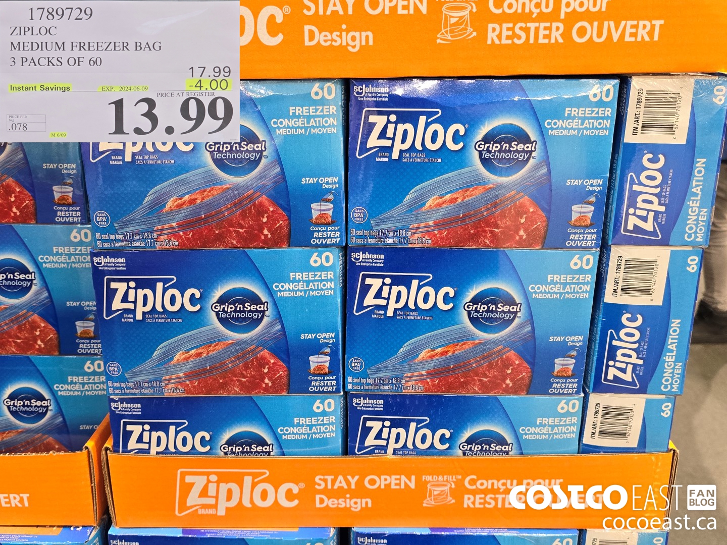 1789729 ZIPLOC MEDIUM FREEZER BAG 3 PACKS OF 60 ($4.00 INSTANT SAVINGS EXPIRES ON 2024-06-09) $13.99
