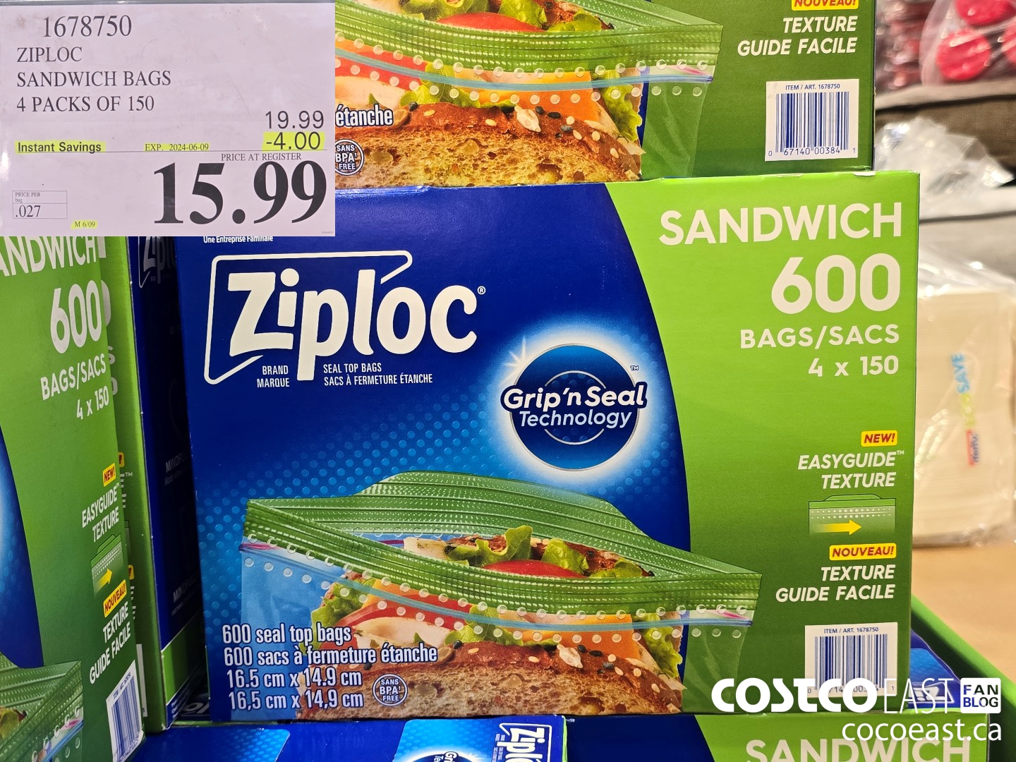 1678750 ZIPLOC SANDWICH BAGS 4 PACKS OF 150 ($4.00 INSTANT SAVINGS EXPIRES ON 2024-06-09) $15.99