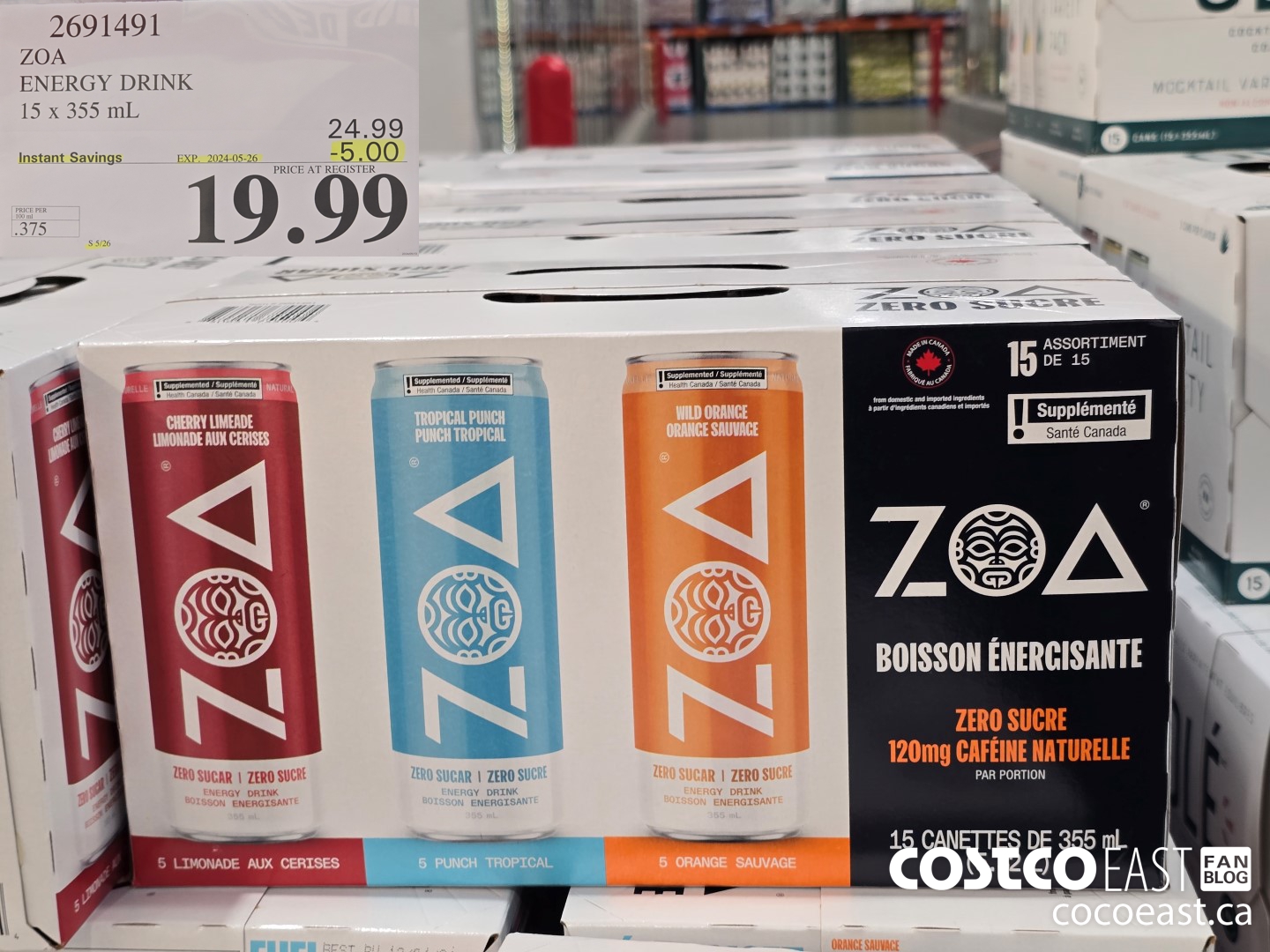 2691491 ZOA ENERGY DRINK 15 x 335 ML ($5.00 INSTANT SAVINGS EXPIRES ON 2024-05-26) $19.99