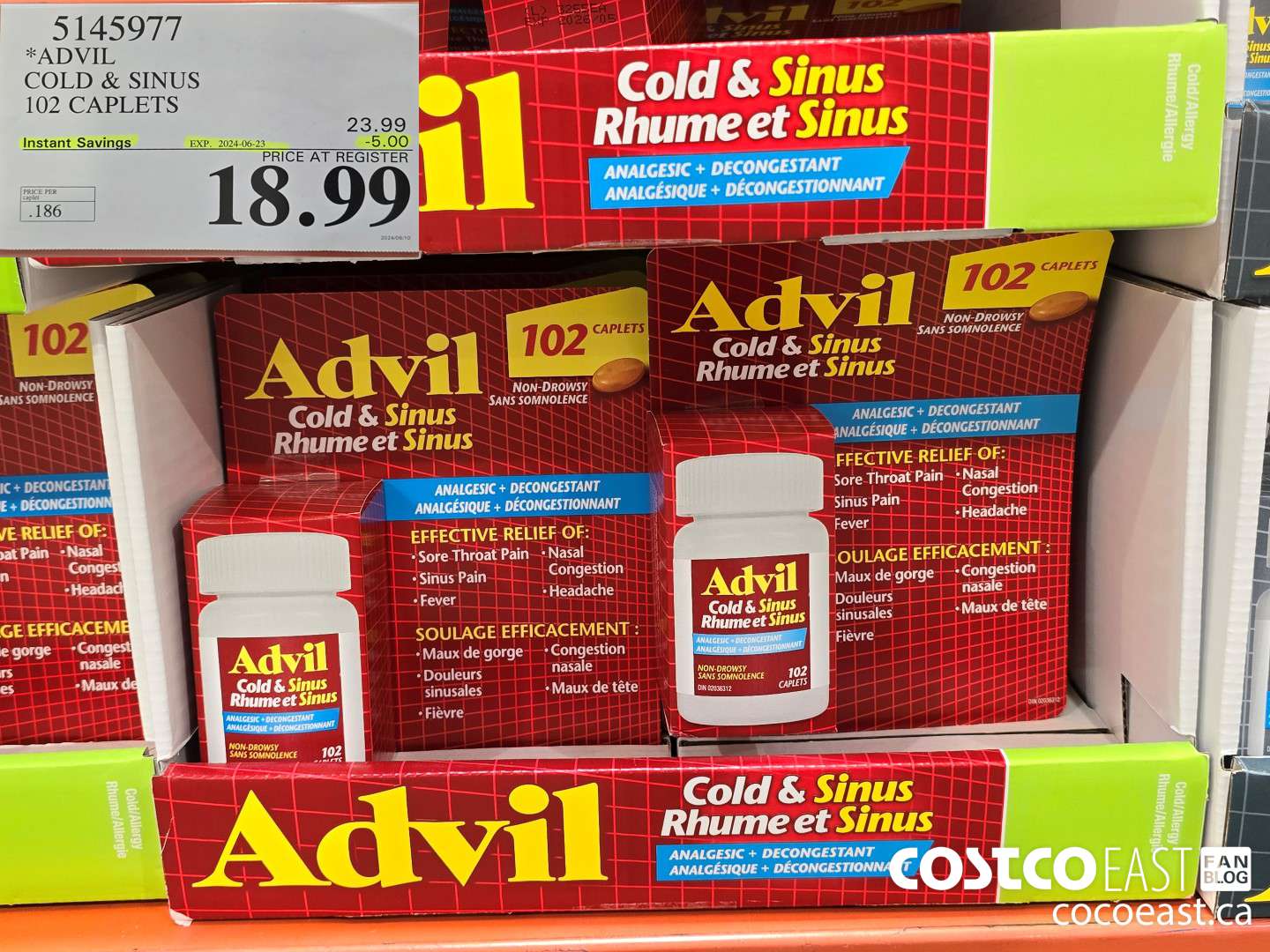 5145977 ADVIL COLD & SINUS 102 CAPLETS ($5.00 INSTANT SAVINGS EXPIRES ON 2024-06-23) $18.99