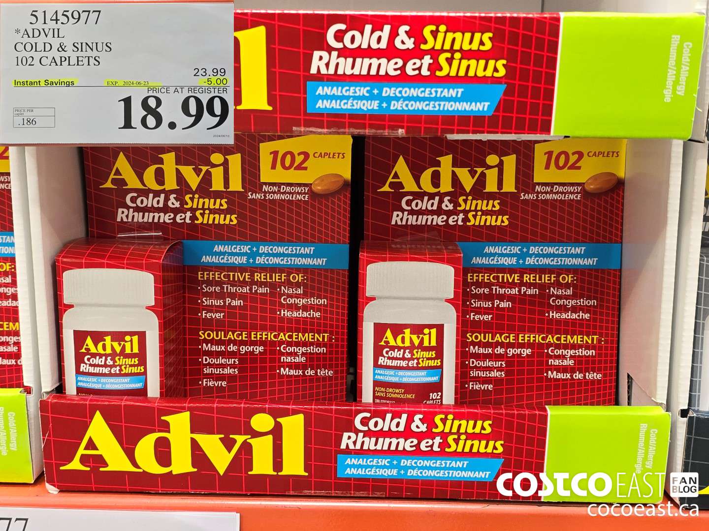 5145977 ADVIL COLD & SINUS 102 CAPLETS ($5.00 INSTANT SAVINGS EXPIRES ON 2024-06-23) $18.99
