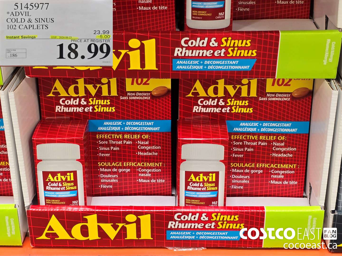 5145977 ADVIL COLD & SINUS 102 CAPLETS ($5.00 INSTANT SAVINGS EXPIRES ON 2024-06-23) $18.99
