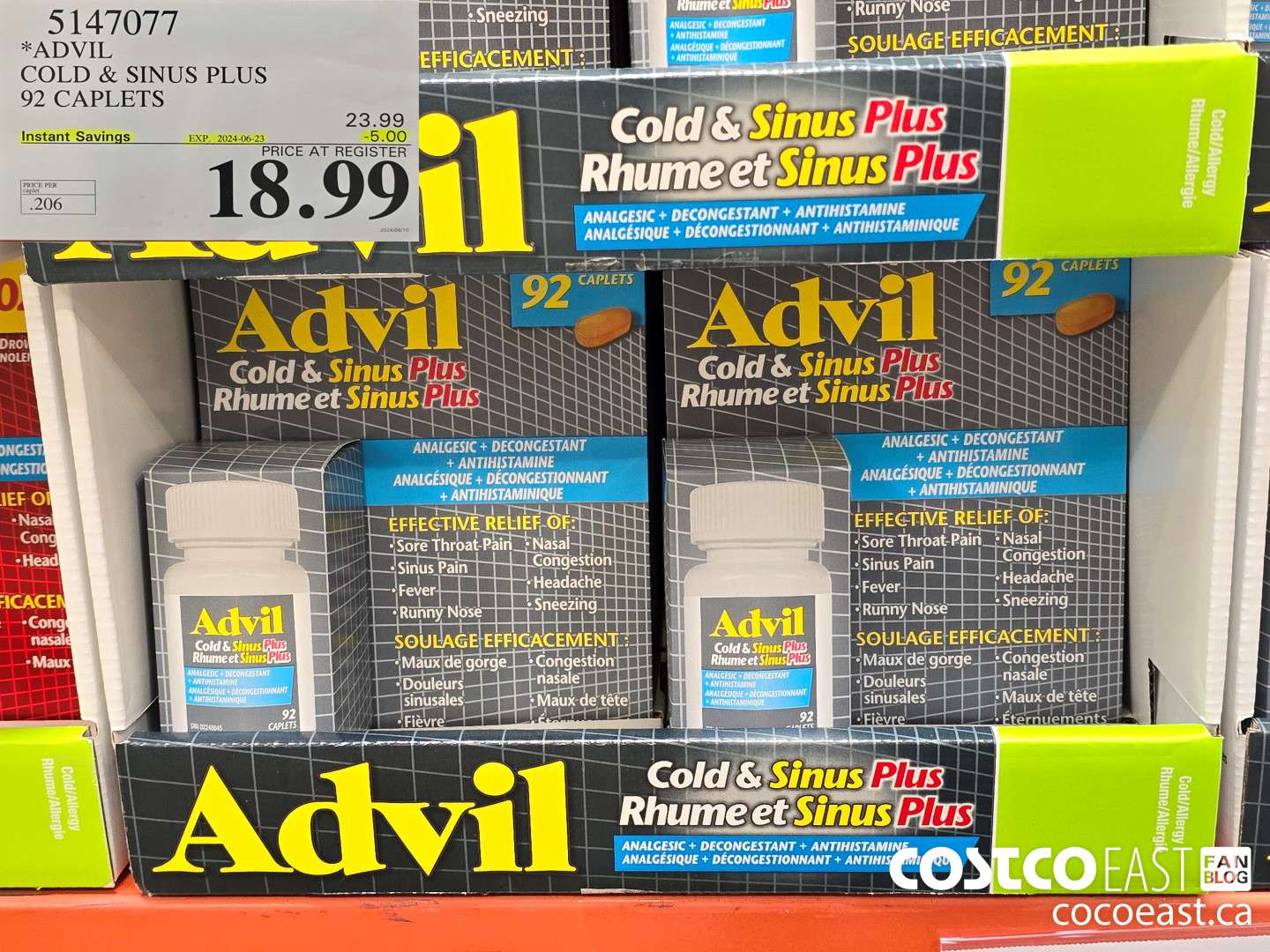 5147077 ADVIL COLD & SINUS PLUS 92 CAPLETS ($5.00 INSTANT SAVINGS EXPIRES ON 2024-06-23) $18.99