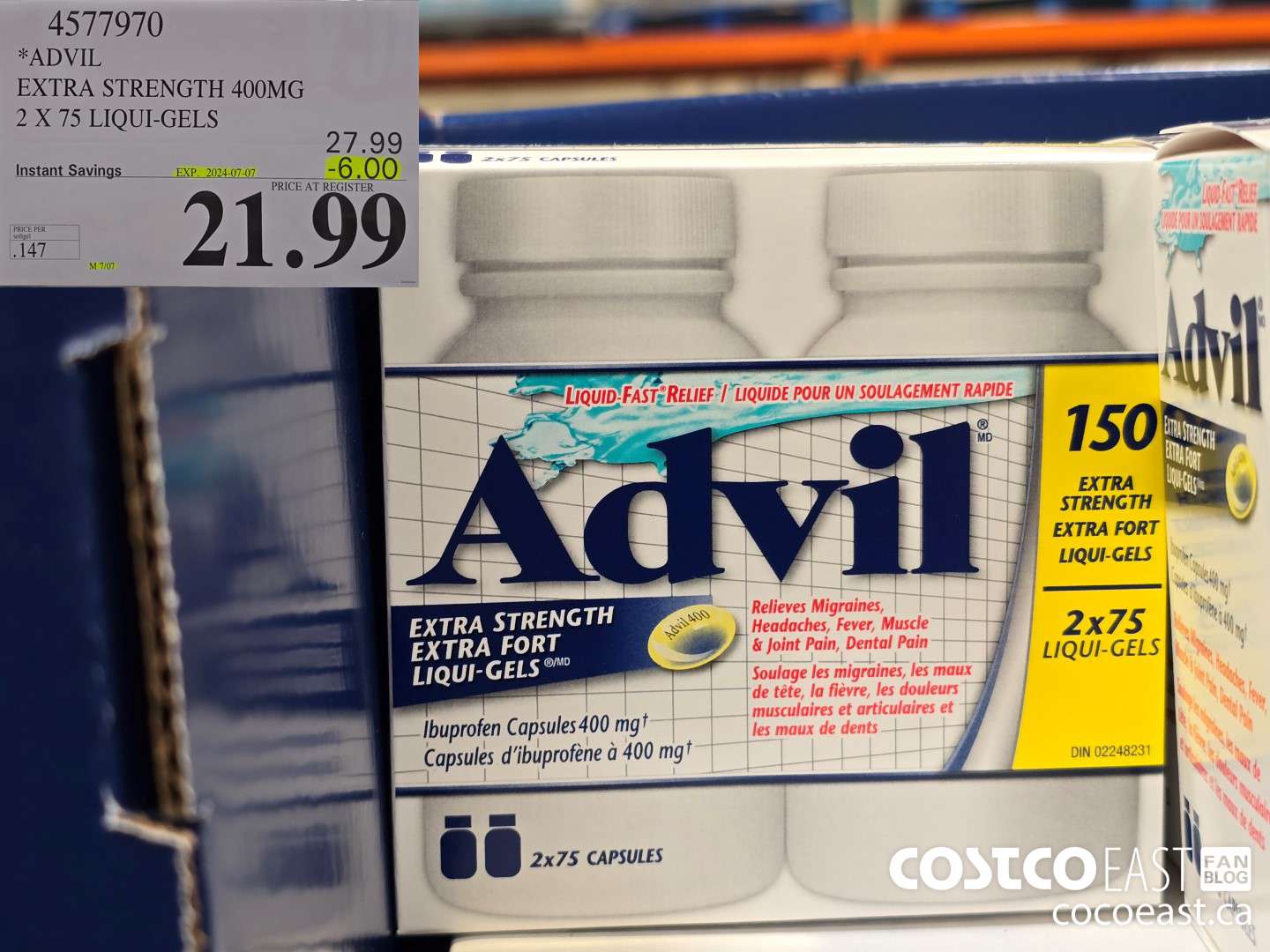 4577970 ADVIL EXTRA STRENGTH 400 MG 2 X 75 LIQUI-GELS ($6.00 INSTANT SAVINGS EXPIRES ON 2024-07-07) $21.99