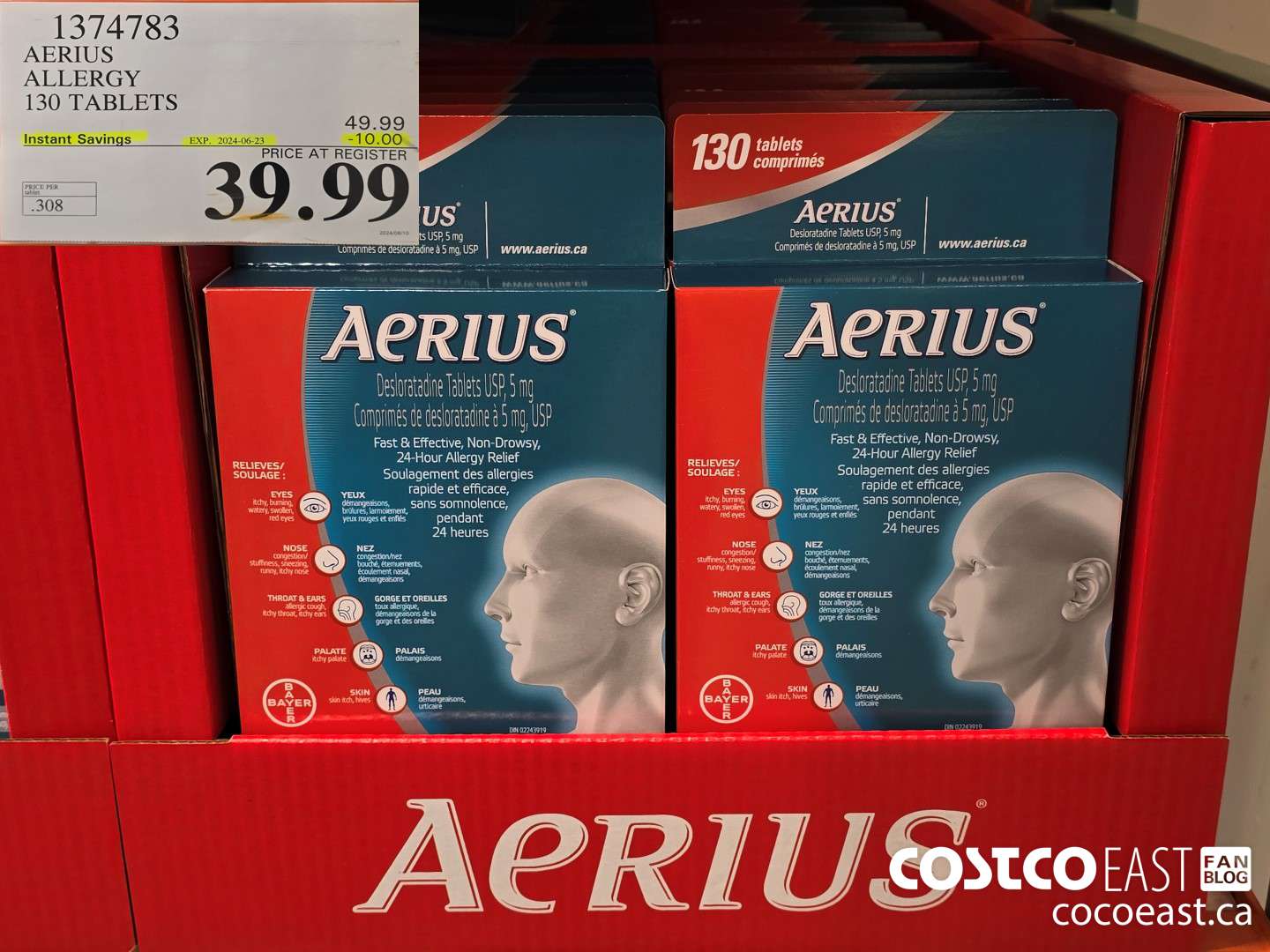 1374783 AERIUS ALLERGY 130 TABLETS ($10.00 INSTANT SAVINGS EXPIRES ON 2024-06-23) $39.99