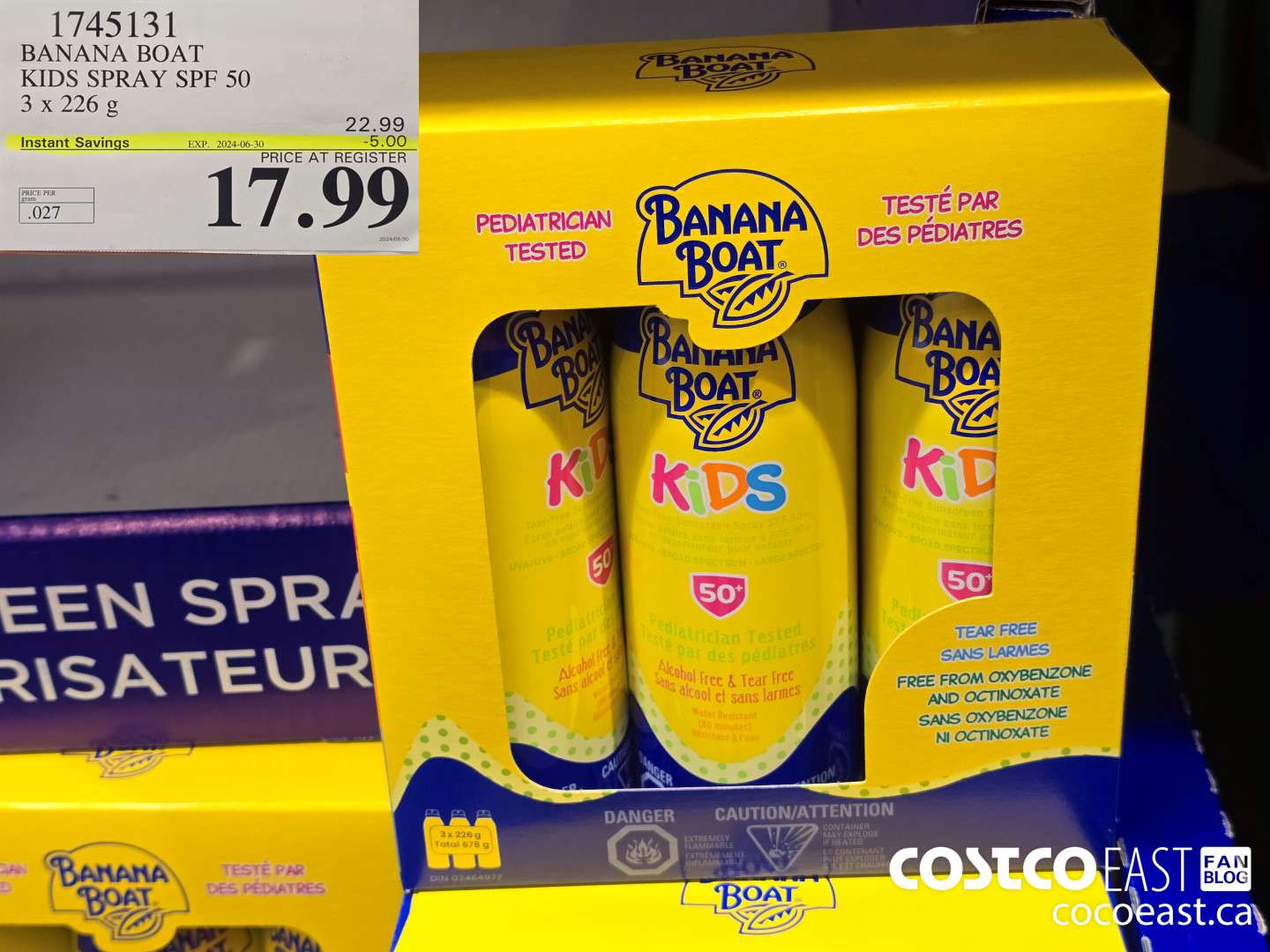 1745131 BANANA BOAT KIDS SPRAY SPF 50 3 X 226 G ($5.00 INSTANT SAVINGS EXPIRES ON 2024-06-30) $17.99