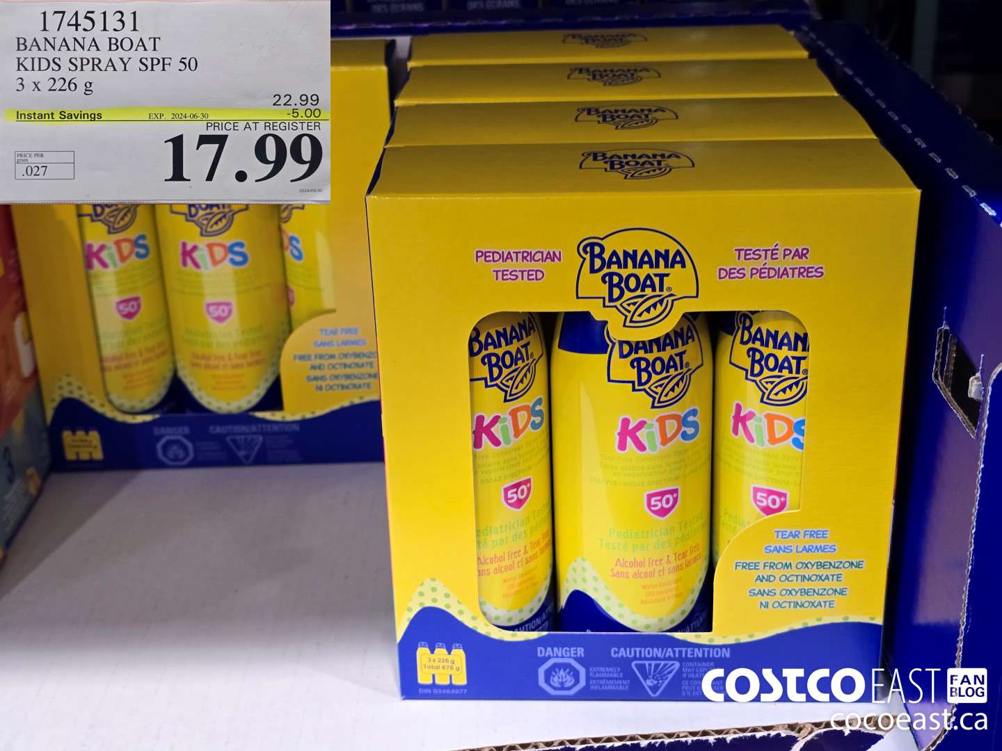 1745131 BANANA BOAT KIDS SPRAY SPF 50 3 X 226 G ($5.00 INSTANT SAVINGS EXPIRES ON 2024-06-30) $17.99