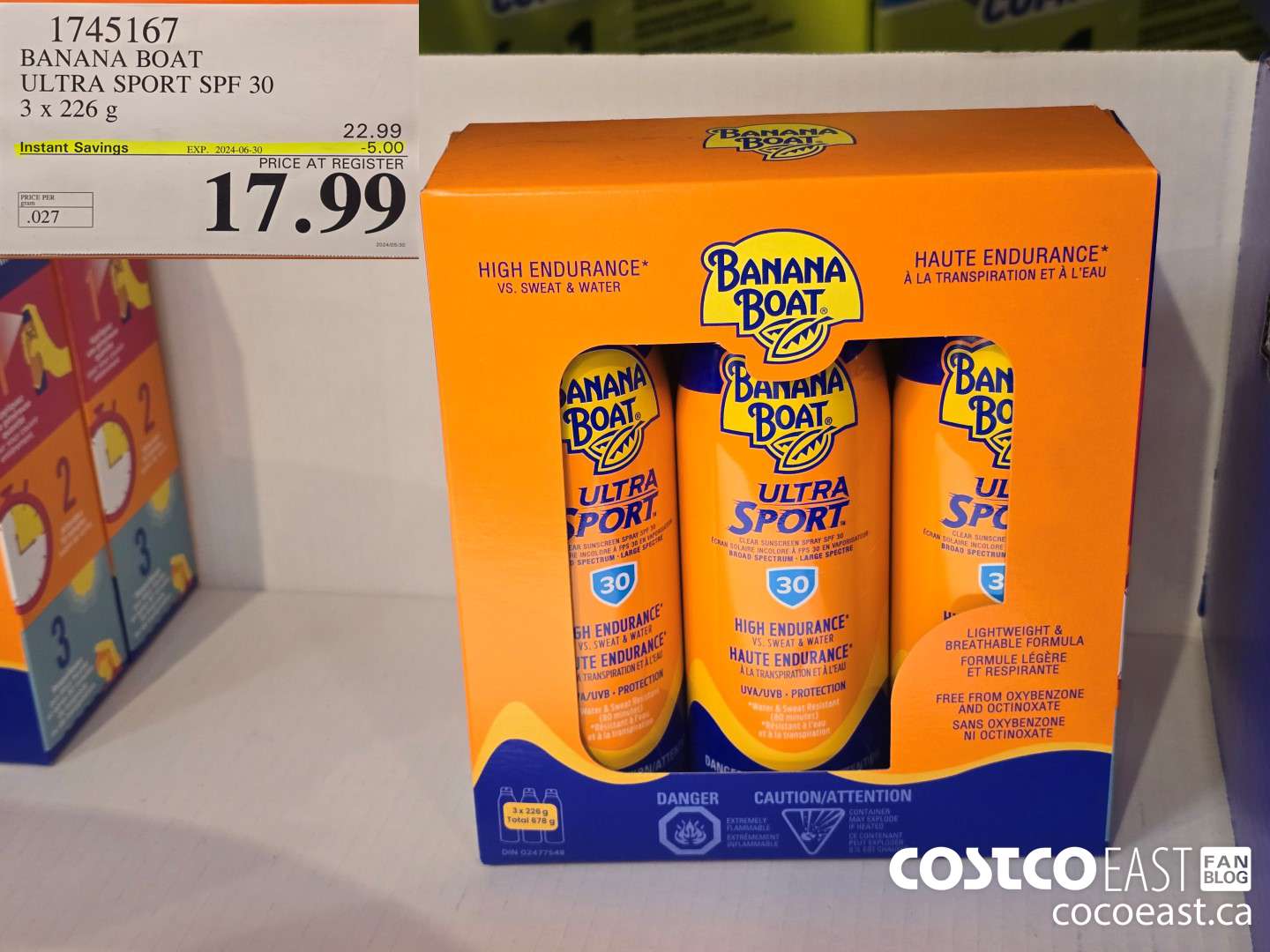 1745167 BANANA BOAT ULTRA SPORT SPF 30 3 X 226 G ($5.00 INSTANT SAVINGS EXPIRES ON 2024-06-30) $17.99