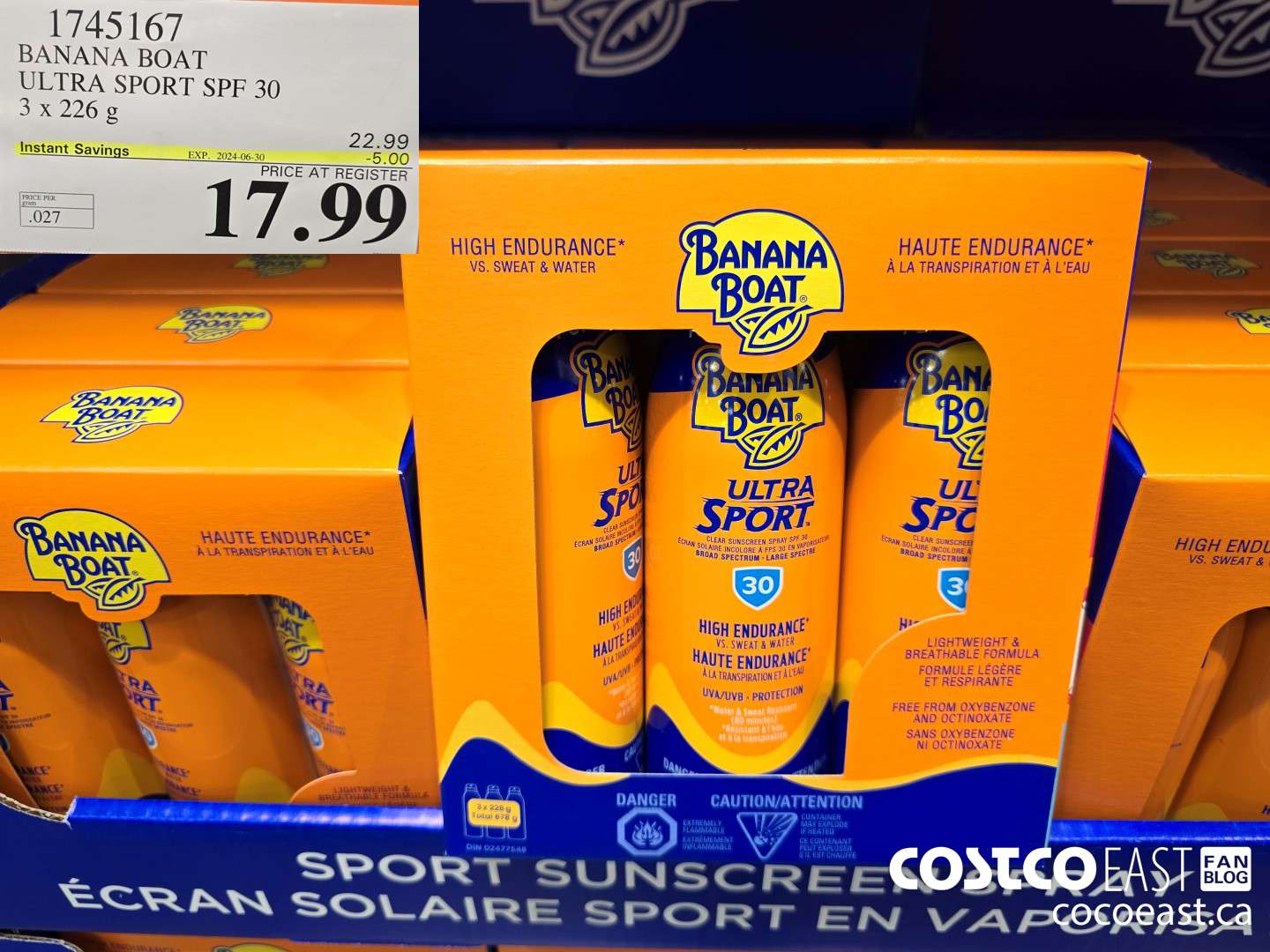 1745167 BANANA BOAT ULTRA SPORT SPF 30 3 X 226 G ($5.00 INSTANT SAVINGS EXPIRES ON 2024-06-30) $17.99