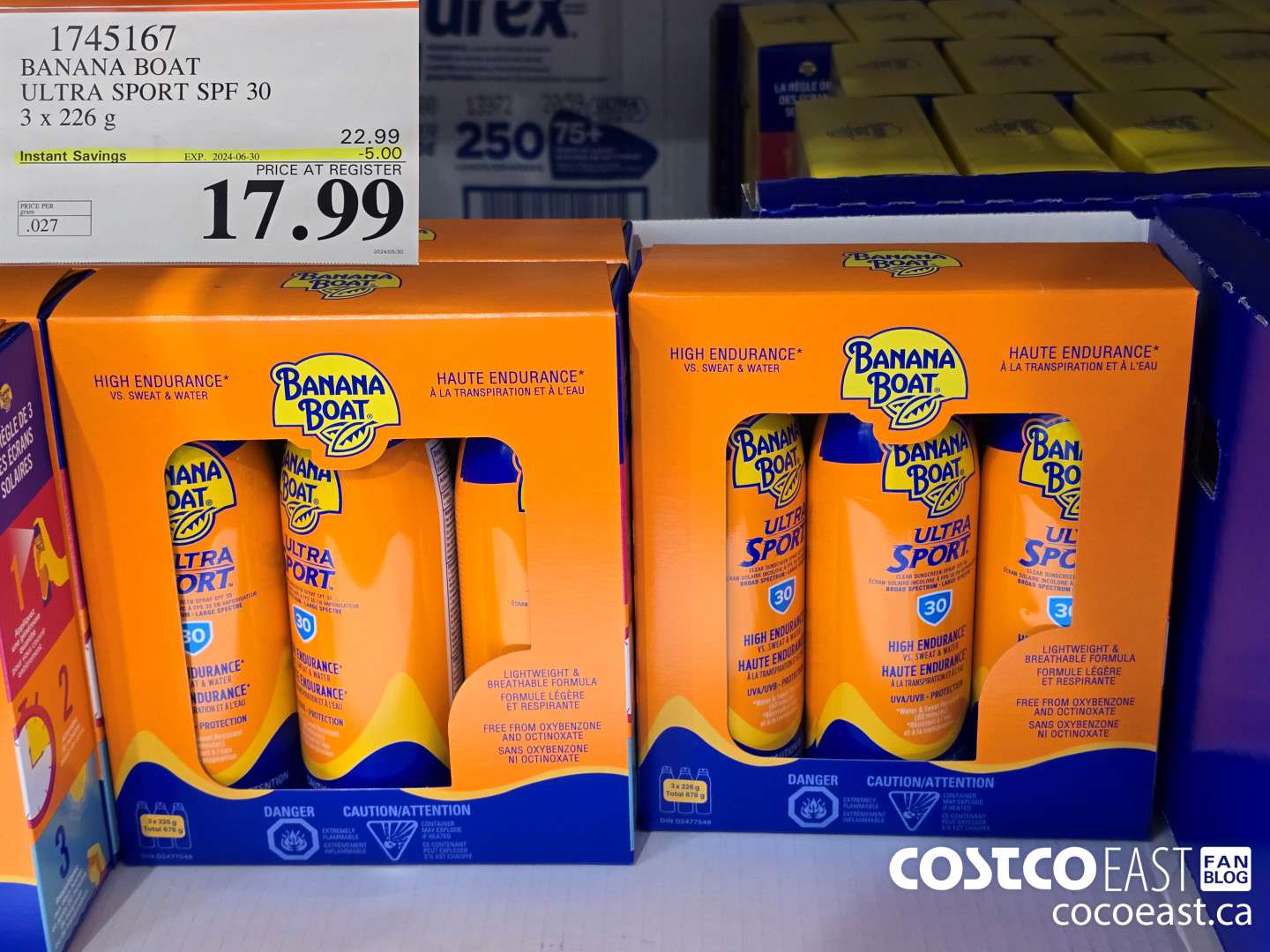 1745167 BANANA BOAT ULTRA SPORT SPF 30 3 X 226 G ($5.00 INSTANT SAVINGS EXPIRES ON 2024-06-30) $17.99