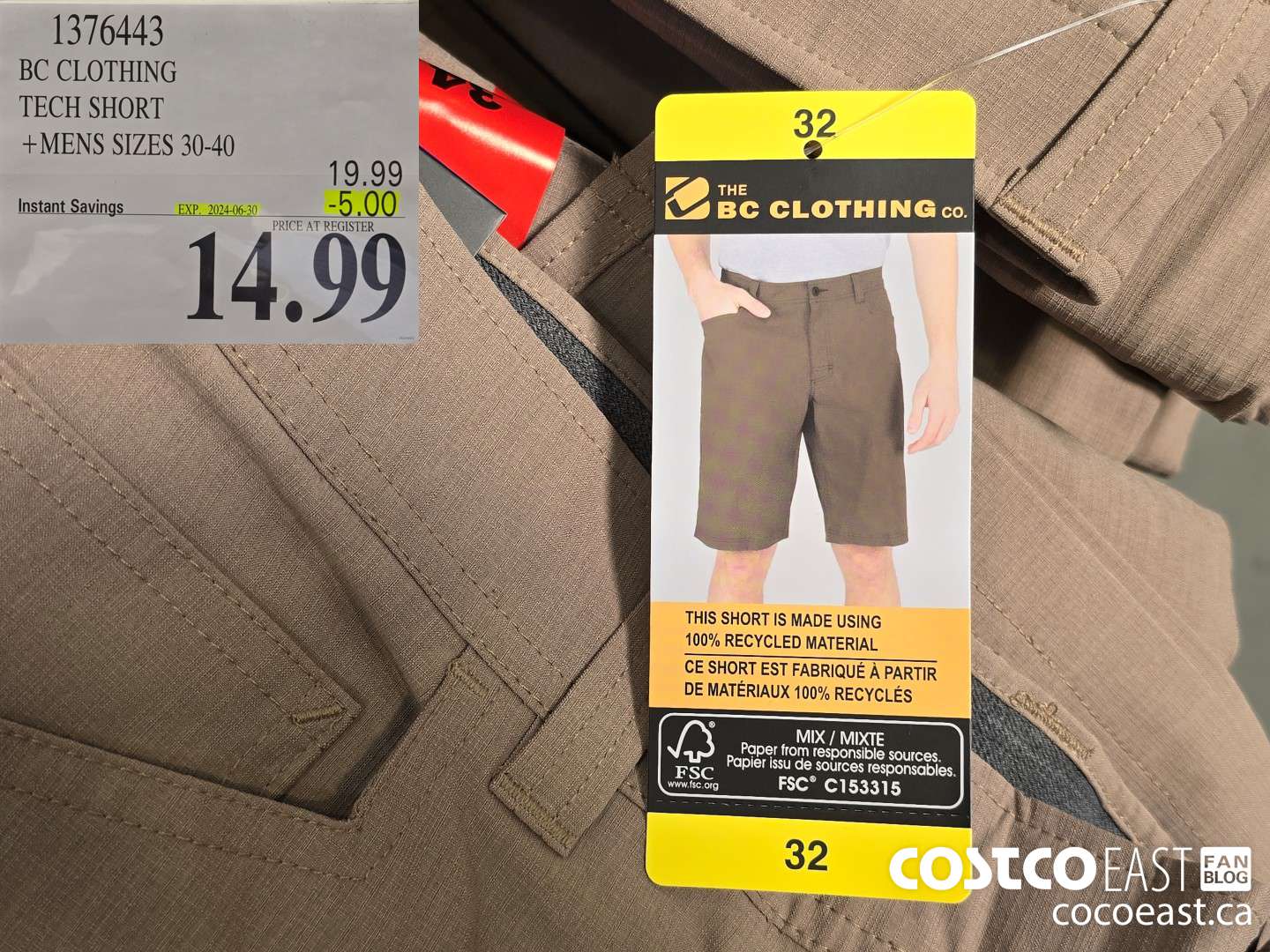 1376443 BC CLOTHING TECH SHORT +MENS SIZES 30-40 ($5.00 INSTANT SAVINGS EXPIRES ON 2024-06-30) $14.99