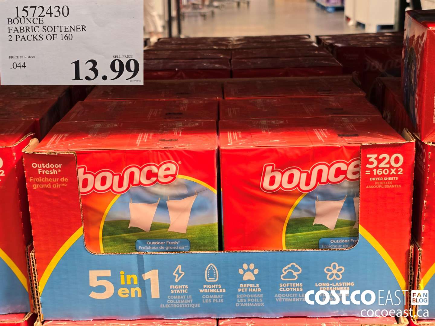 1572430 BOUNCE FABRIC SOFTENER 2 PACKS OF 160 $13.99