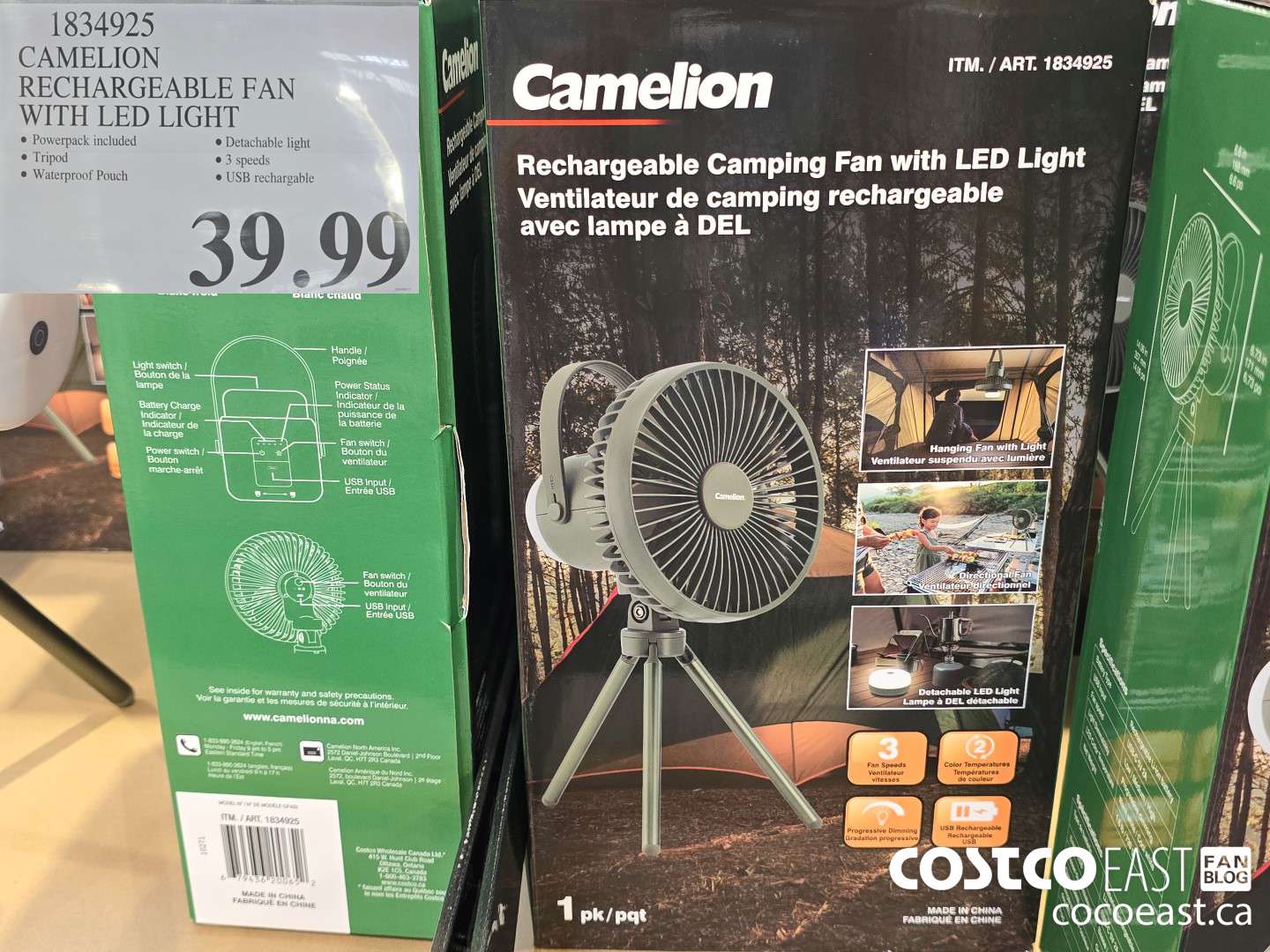 1834925 CAMELION RECHARGEABLE FAN WITH LED LIGHT $39.99