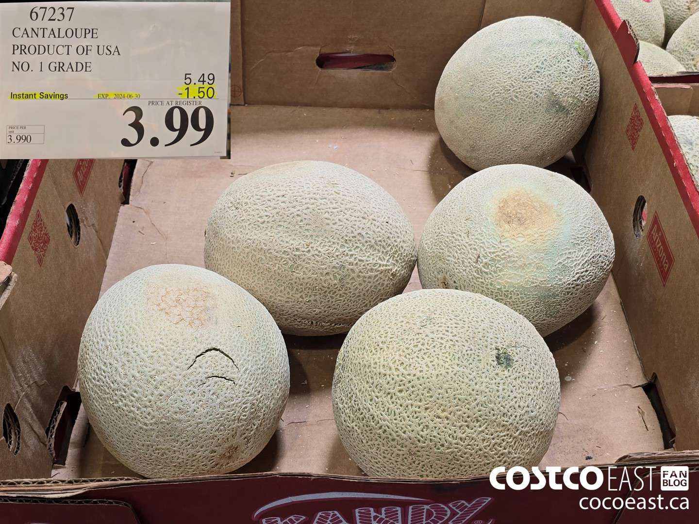 67237 CANTALOUPE PRODUCT OF USA NO. 1 GRADE ($1.50 INSTANT SAVINGS EXPIRES ON 2024-06-30) $3.99