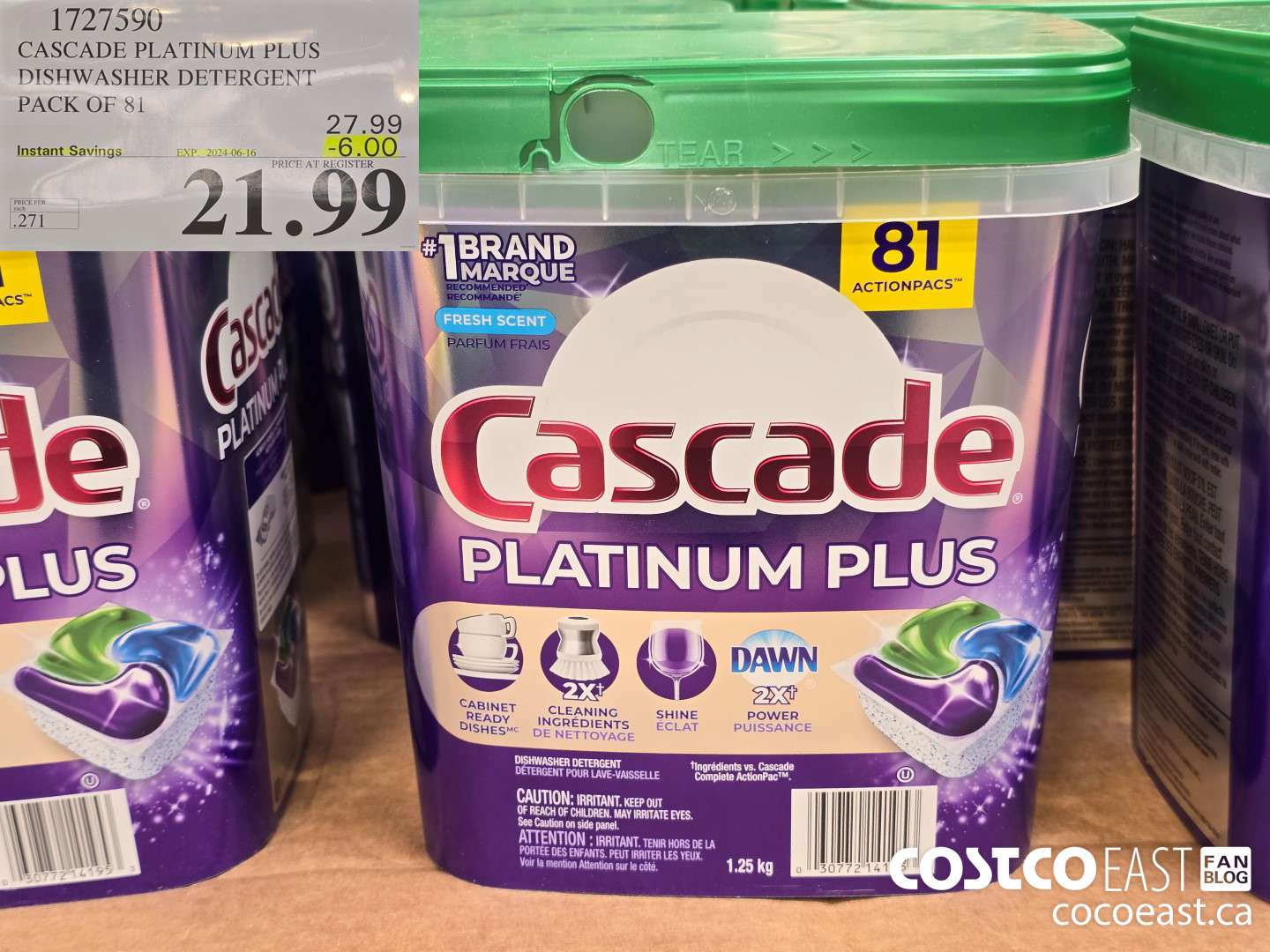 1727590 CASCADE PLATINUM PLUS DISHWASHER DETERGENT PACK OF 81 ($6.00 INSTANT SAVINGS EXPIRES ON 2024-06-16) $21.99
