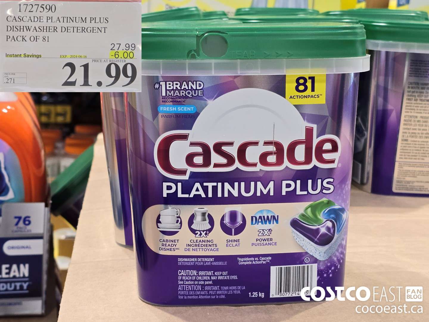 1727590 CASCADE PLATINUM PLUS DISHWASHER DETERGENT PACK OF 81 ($6.00 INSTANT SAVINGS EXPIRES ON 2024-06-16) $21.99