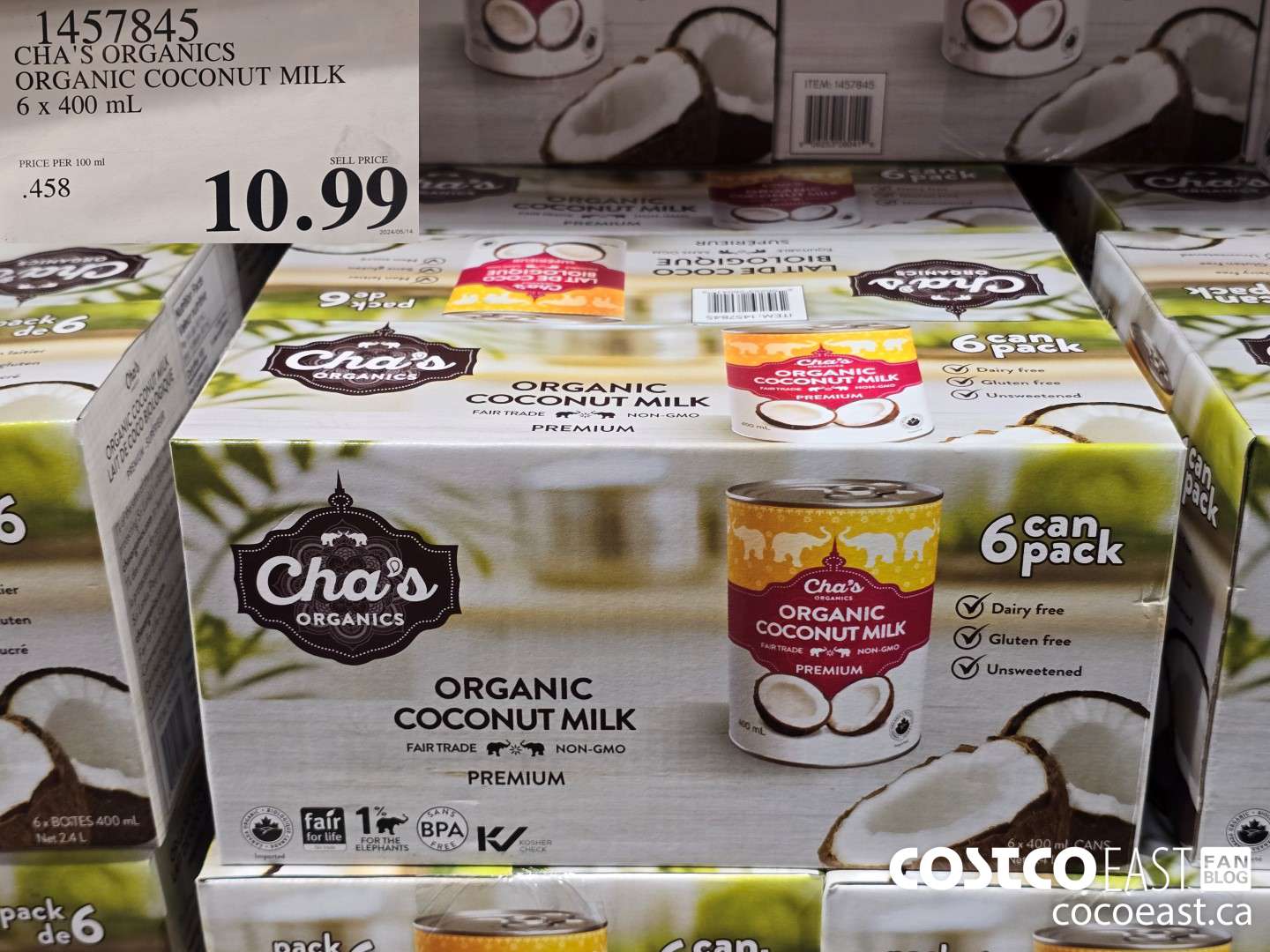 1457845 CHA'S ORGANICS ORGANIC COCONUT MILK 6 x 400 ml $10.99