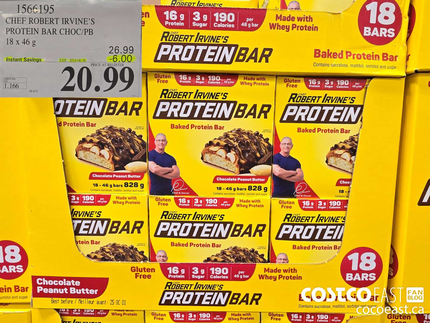 1566195 CHEF ROBERT IRVINE'S PROTEIN BAR 18 x 46 g ($6.00 INSTANT SAVINGS EXPIRES ON 2024-06-30) $20.99