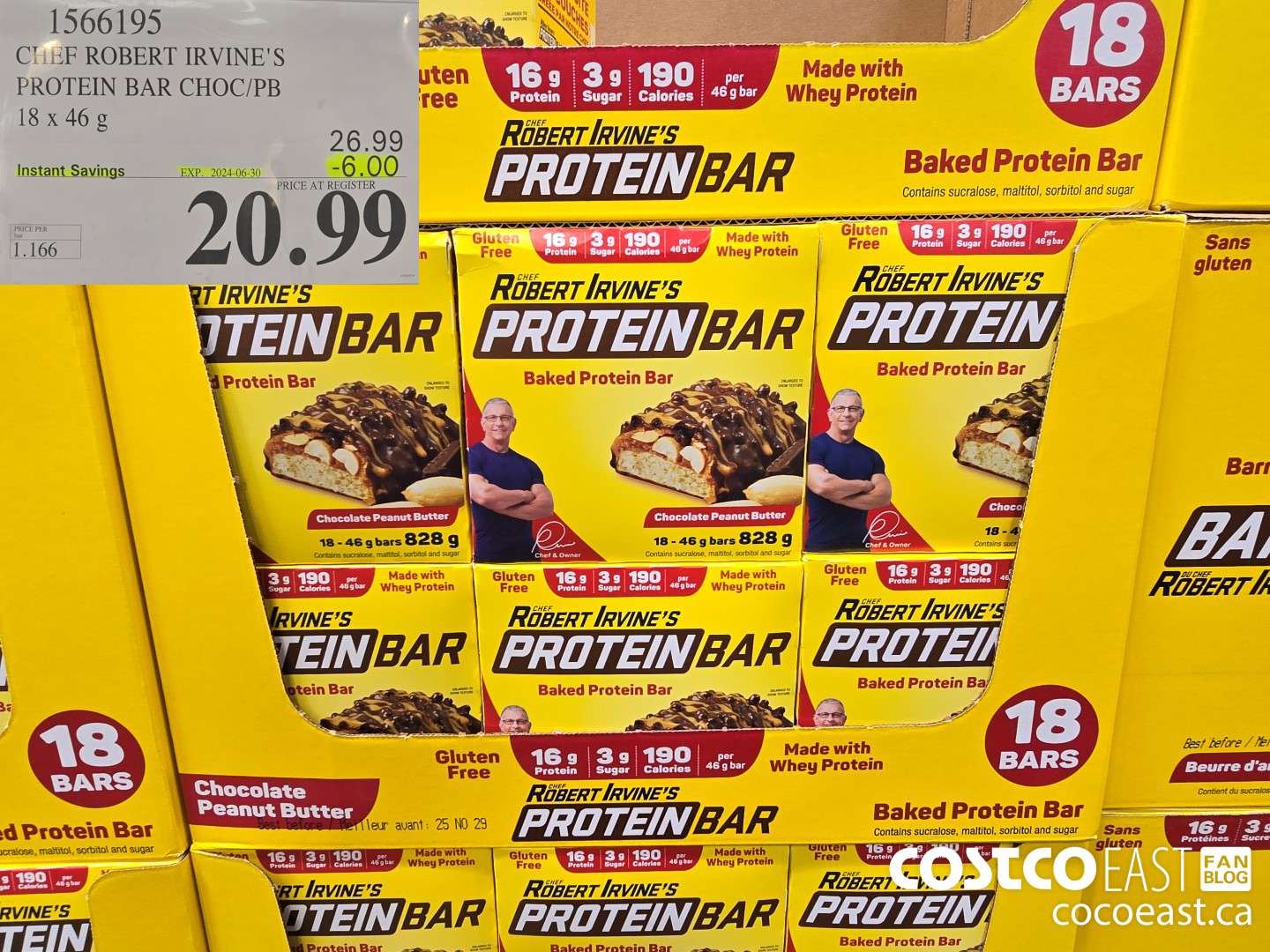 1566195 CHEF ROBERT IRVINE'S PROTEIN BAR 18 x 46 g ($6.00 INSTANT SAVINGS EXPIRES ON 2024-06-30) $20.99
