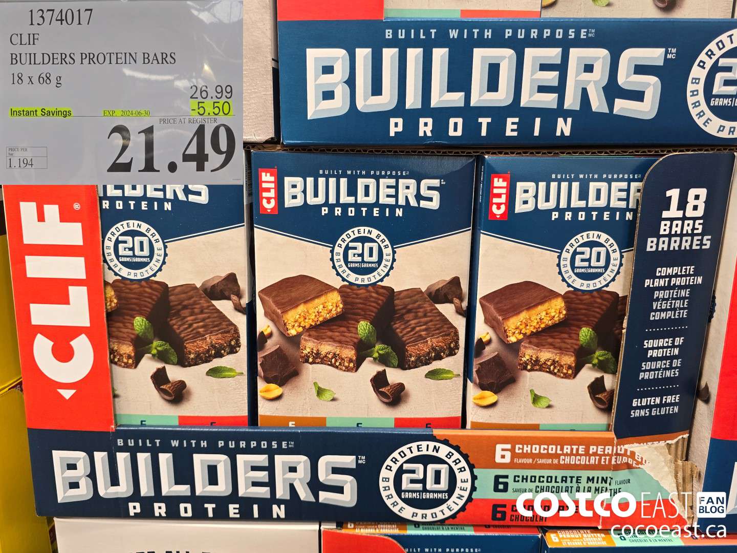 1374017 CLIF BUILDERS PROTEIN BARS 18 X 68 G ($5.50 INSTANT SAVINGS EXPIRES ON 2024-06-30) $21.49