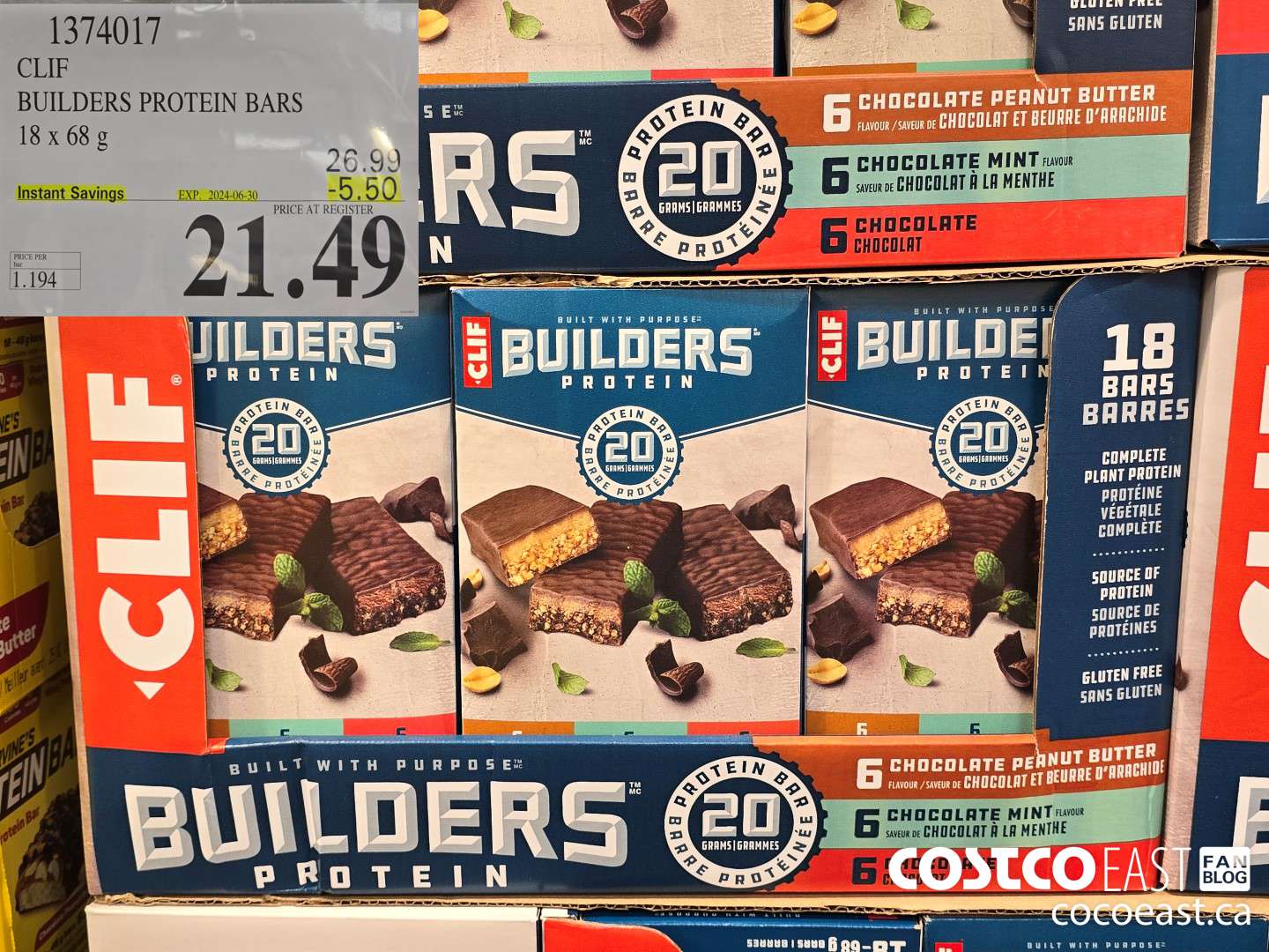 1374017 CLIF BUILDERS PROTEIN BARS 18 X 68 G ($5.50 INSTANT SAVINGS EXPIRES ON 2024-06-30) $21.49