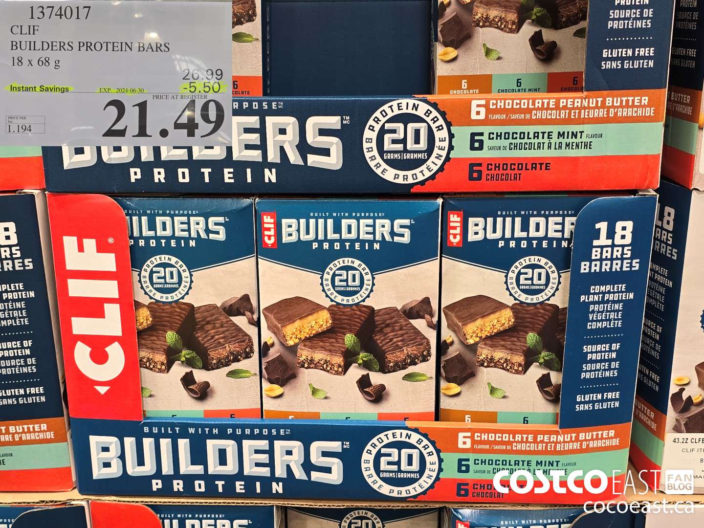 1374017 CLIF BUILDERS PROTEIN BARS 18 X 68 G ($5.50 INSTANT SAVINGS EXPIRES ON 2024-06-30) $21.49