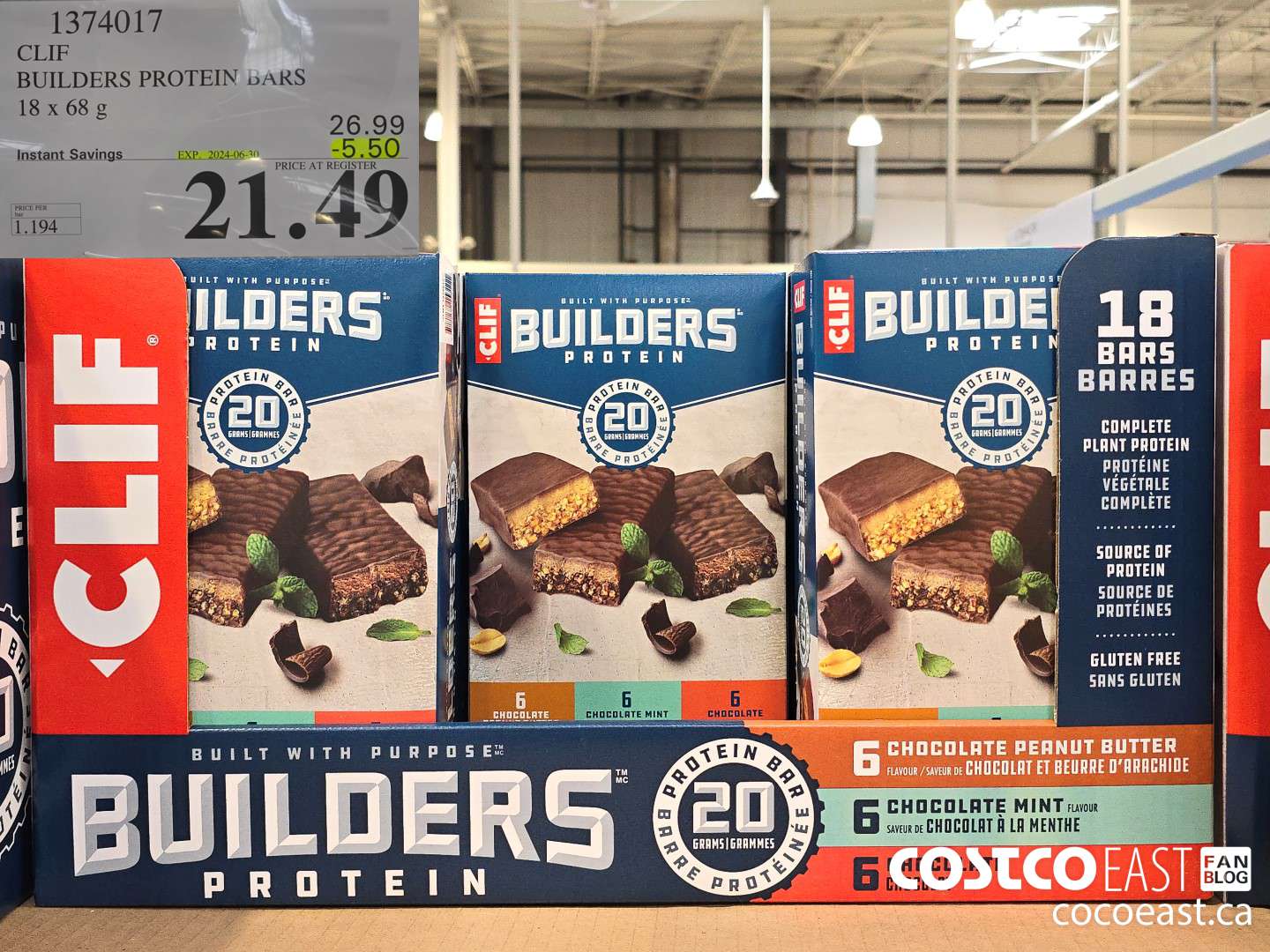 1374017 CLIF BUILDERS PROTEIN BARS 18 X 68 G ($5.50 INSTANT SAVINGS EXPIRES ON 2024-06-30) $21.49