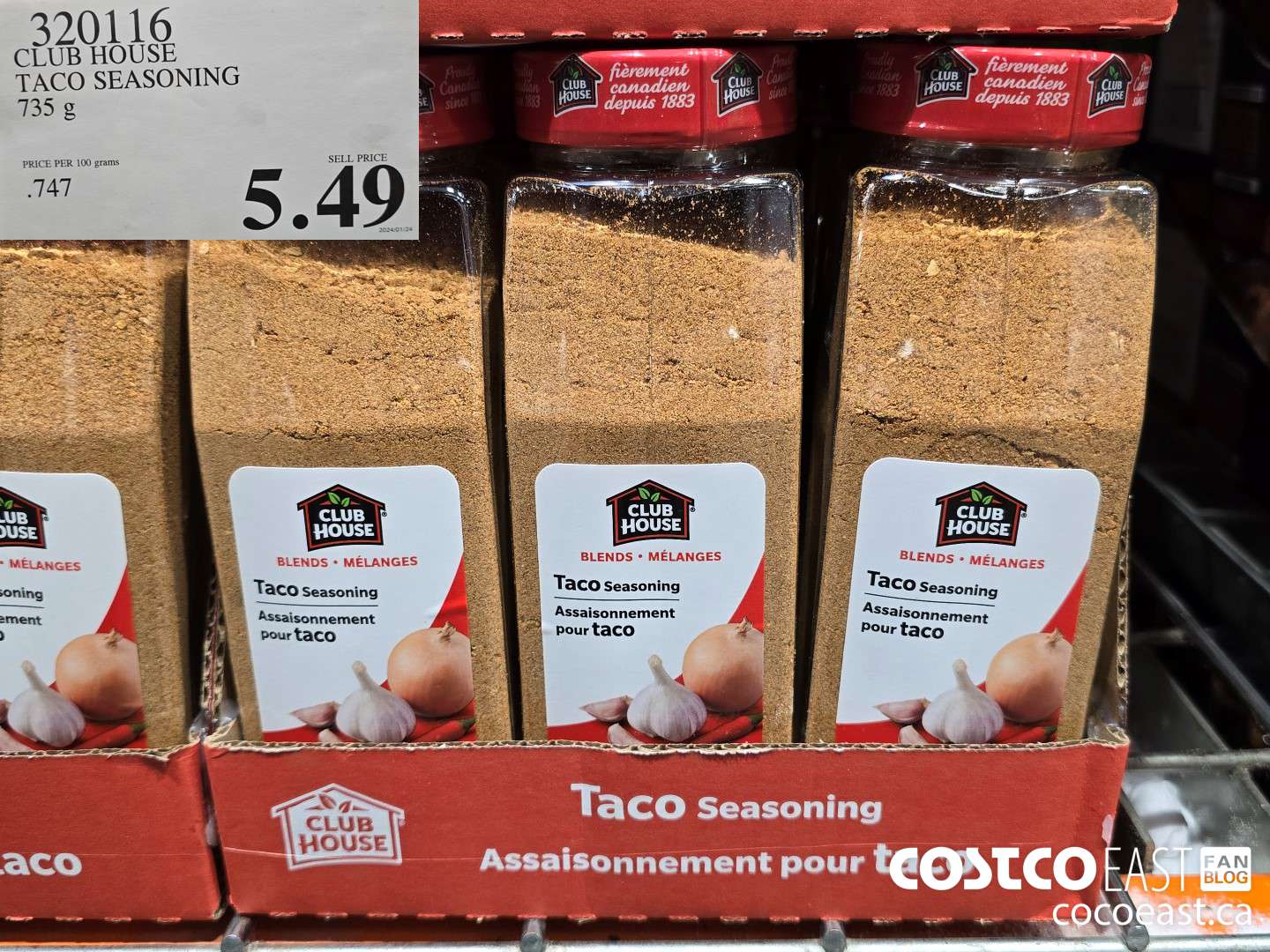 320116 CLUB HOUSE TACO SEASONING 735 G $5.49