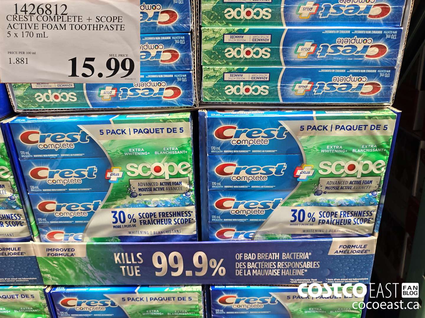 1426812 CREST COMPLETE + SCOPE ACTIVE FOAM TOOTHPASTE 5 X 170 ML $15.99