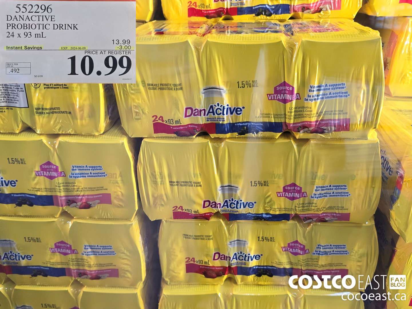 552296 DANACTIVE PROBIOTIC DRINK 24 X 93 ML ($3.00 INSTANT SAVINGS EXPIRES ON 2024-06-09) $10.99