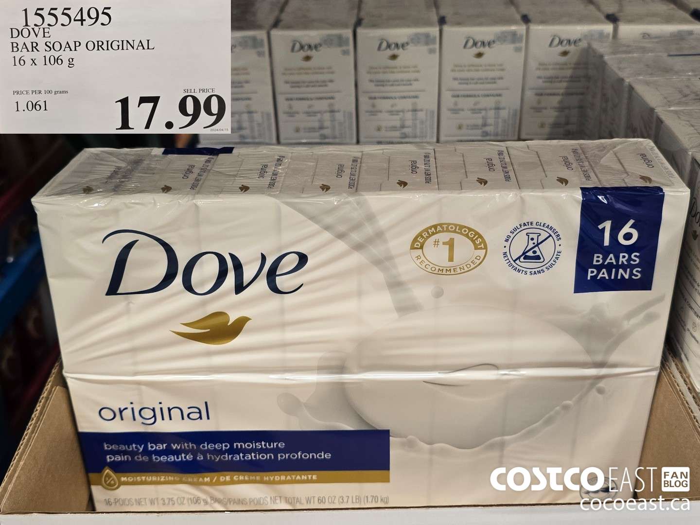 1555495 DOVE BAR SOAP ORIGINAL 16 x 106 g $17.99