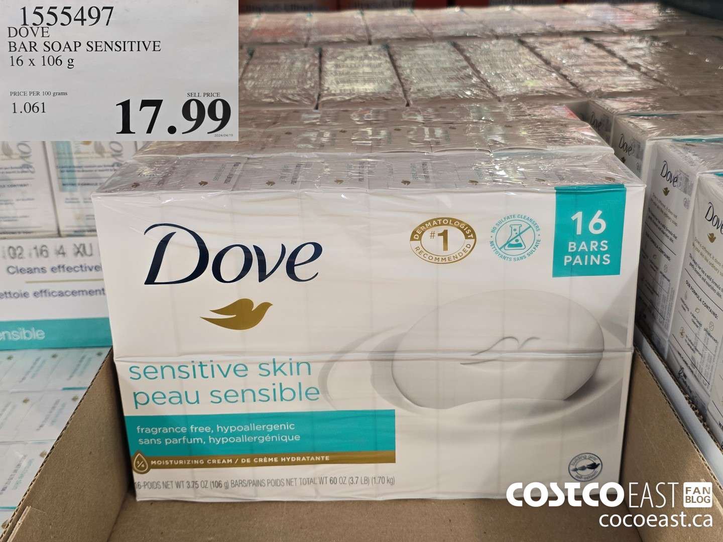 1555497 DOVE BAR SOAP SENSITIVE 16 x 106 g $17.99