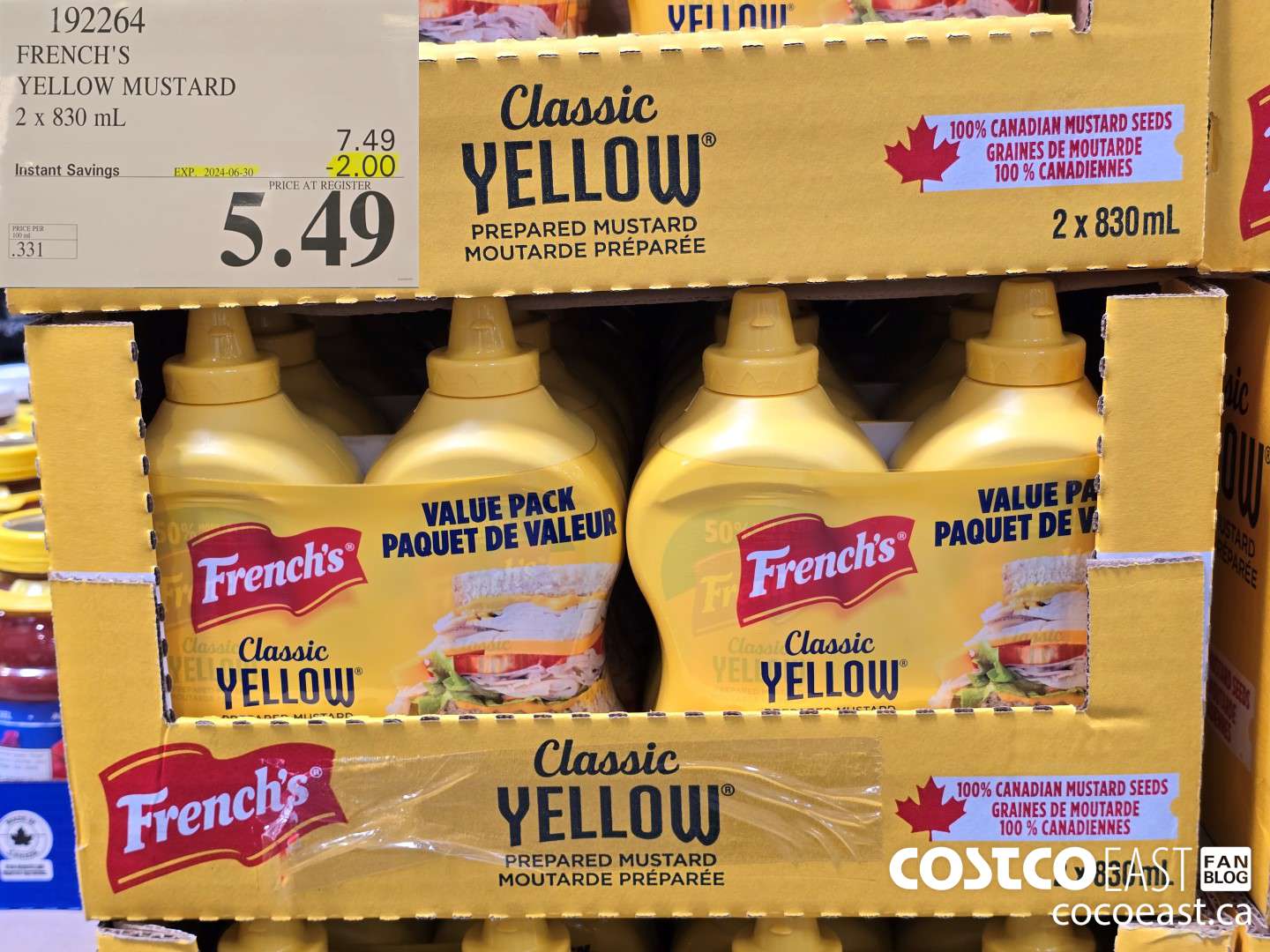 192264 FRENCH'S YELLOW MUSTARD 2 X 830 ML ($2.00 INSTANT SAVINGS EXPIRES ON 2024-06-30) $5.49