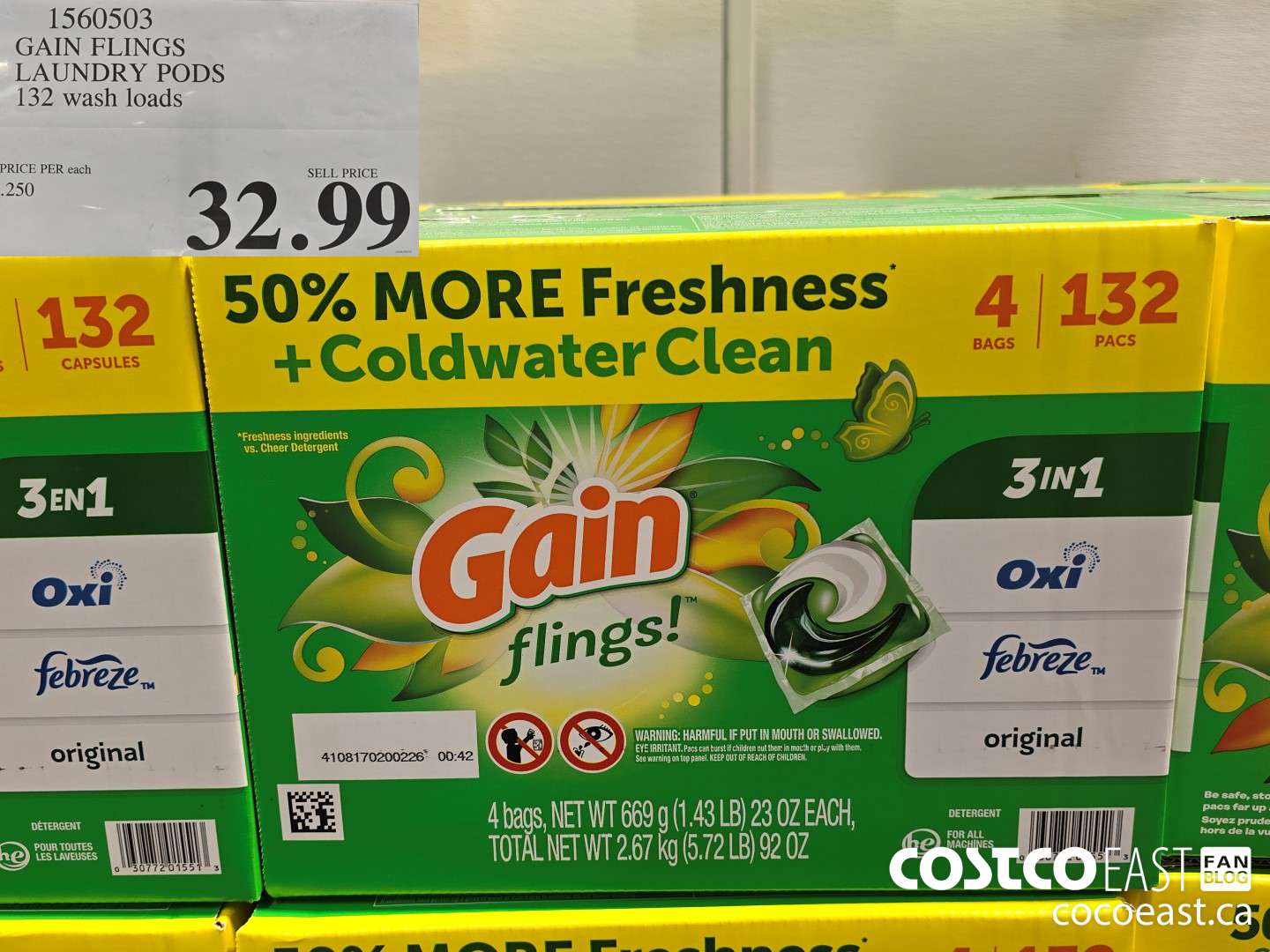 1560503 GAIN FLINGS LAUNDRY PODS 132 WASH LOADS $32.99