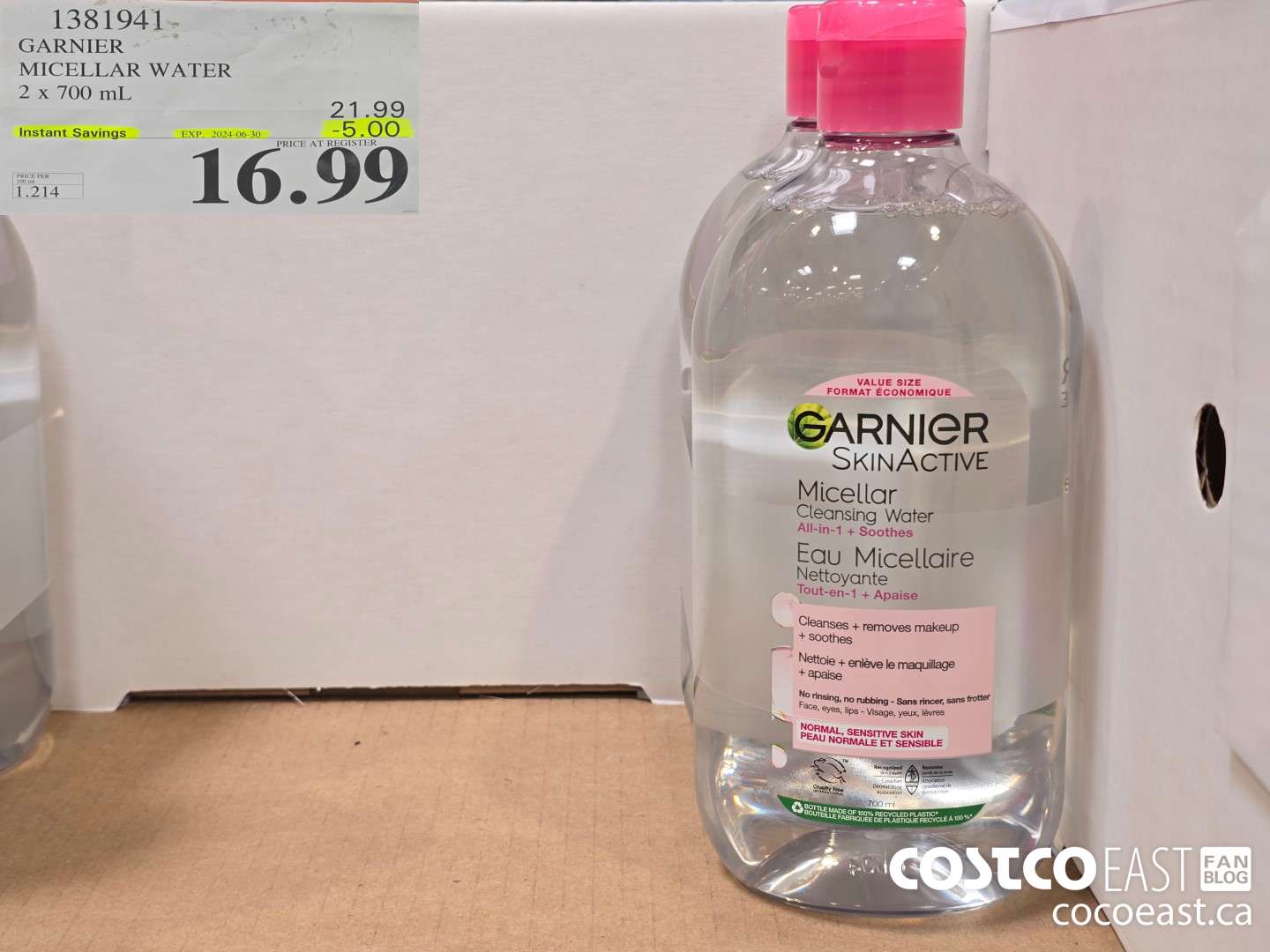 1381941 GARNIER MICELLAR WATER 2 X 700 mL ($5.00 INSTANT SAVINGS EXPIRES ON 2024-06-30) $16.99