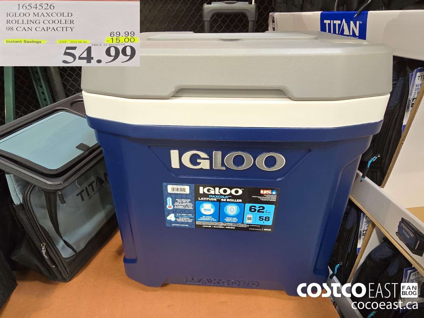 1654526 IGLOO MAXCOLD ROLLING COOLER 98 CAN CAPACITY ($15.00 INSTANT SAVINGS EXPIRES ON 2024-06-30) $54.99