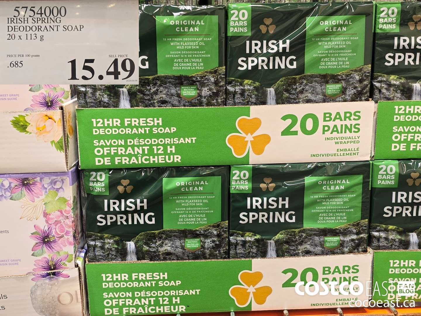 5754000 IRISH SPRING DEODORANT SOAP 20 X 113 G $15.49