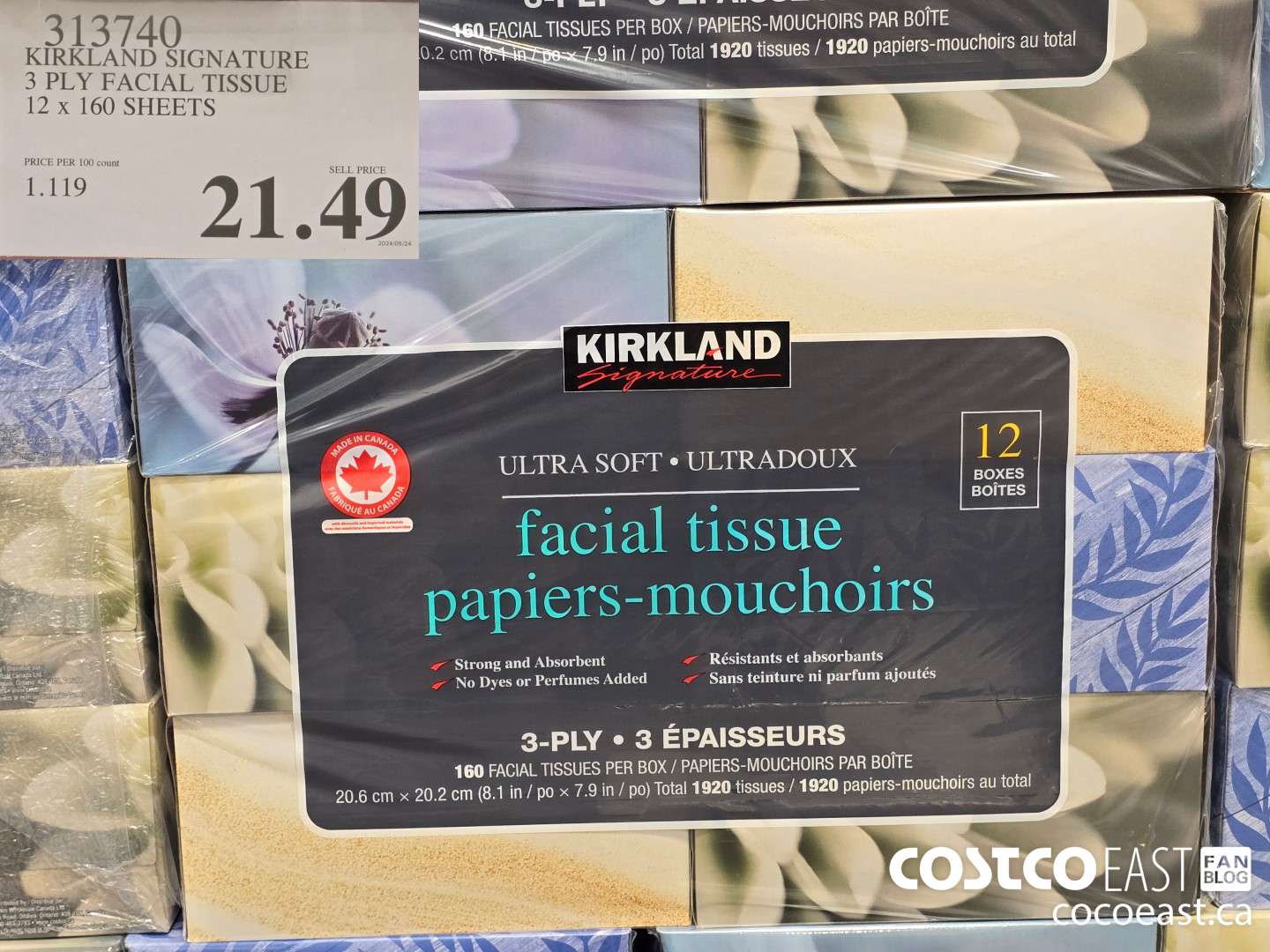 313740 KIRKLAND SIGNATURE 3 PLY FACIAL TISSUE 12 x 160 SHEETS $21.49