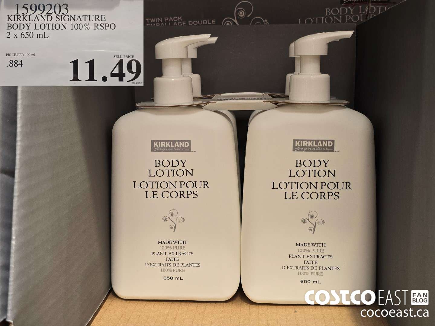 1599203 KIRKLAND SIGNATURE BODY LOTION 100% RSPO 2 x 650 mL $11.49