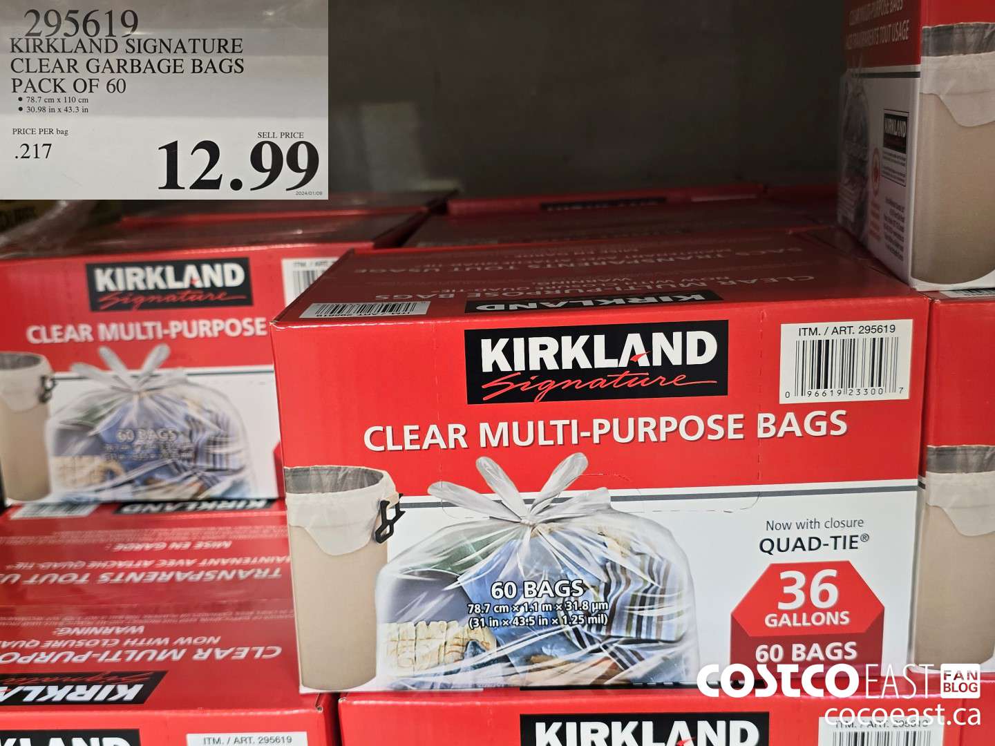 295619 KIRKLAND SIGNATURE CLEAR GARBAGE BAGS PACK OF 60 $12.99