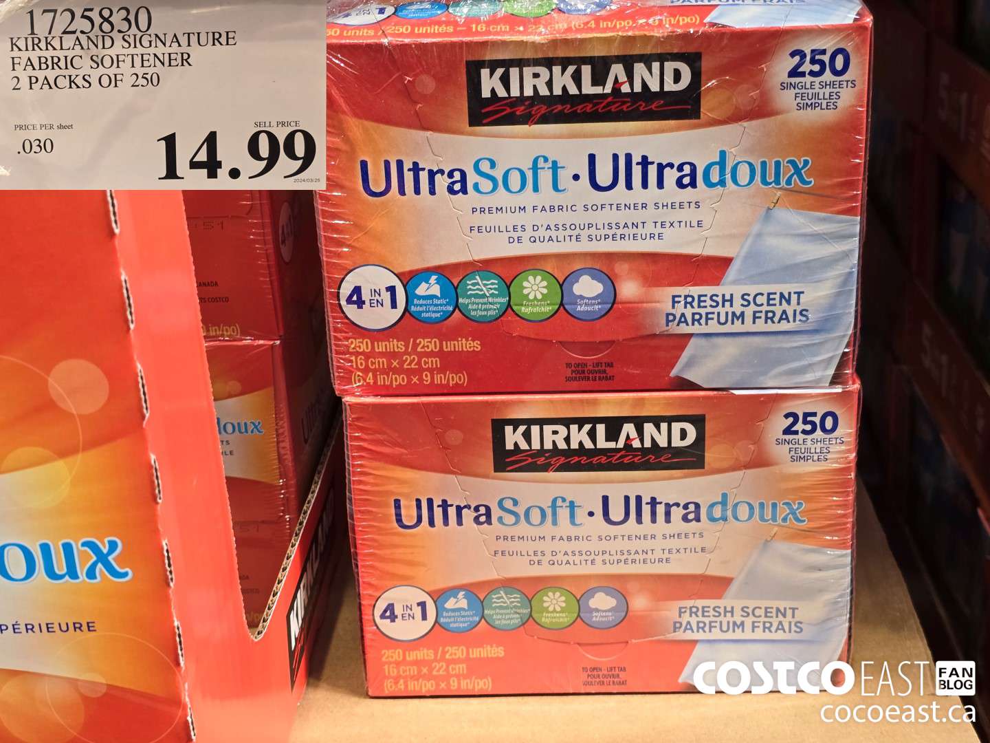 1725830 KIRKLAND SIGNATURE FABRIC SOFTENER 2 PACKS OF 250 $14.99