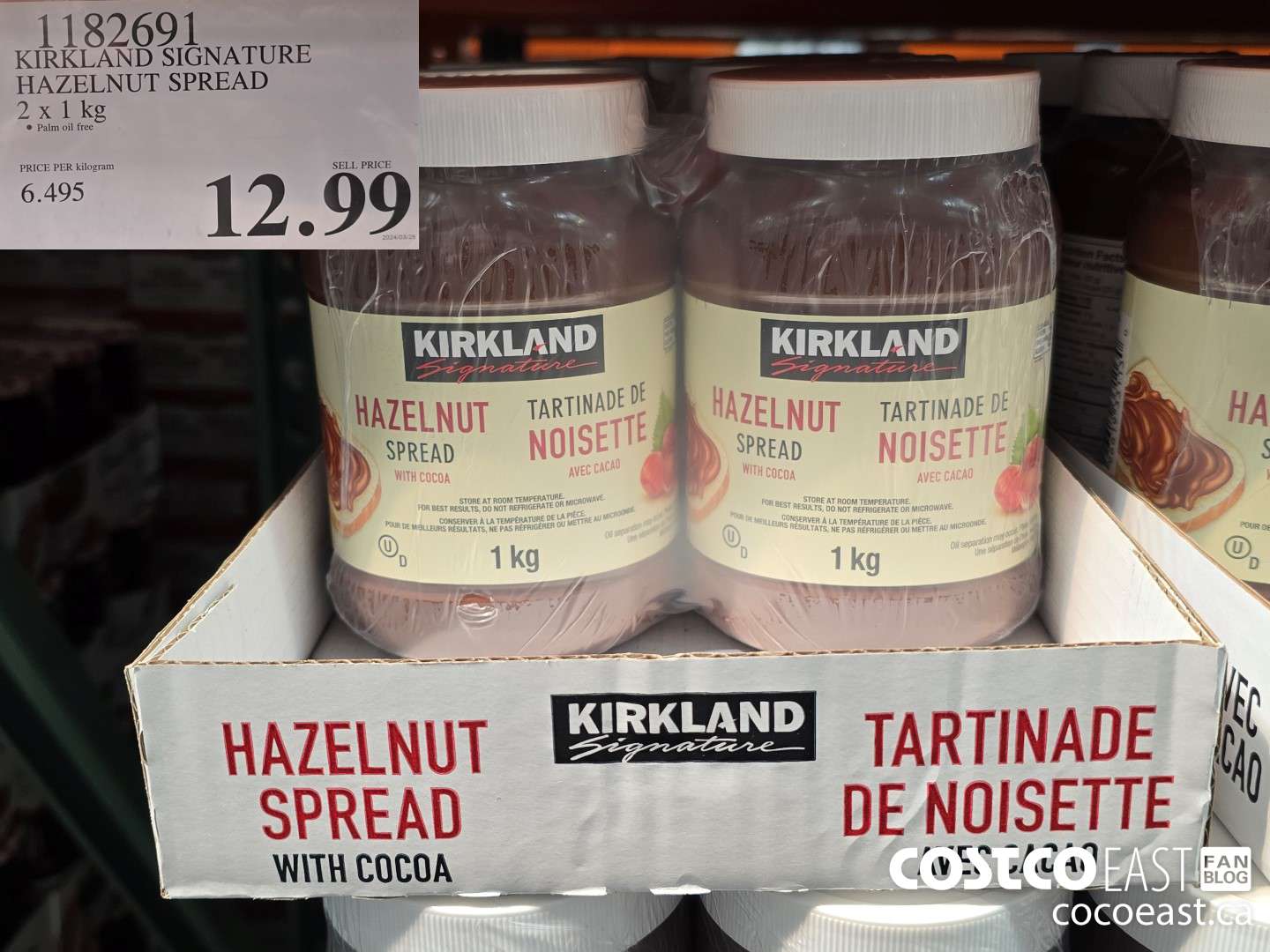 1182691 KIRKLAND SIGNATURE HAZELNUT SPREAD 2 X 1 KG $12.99