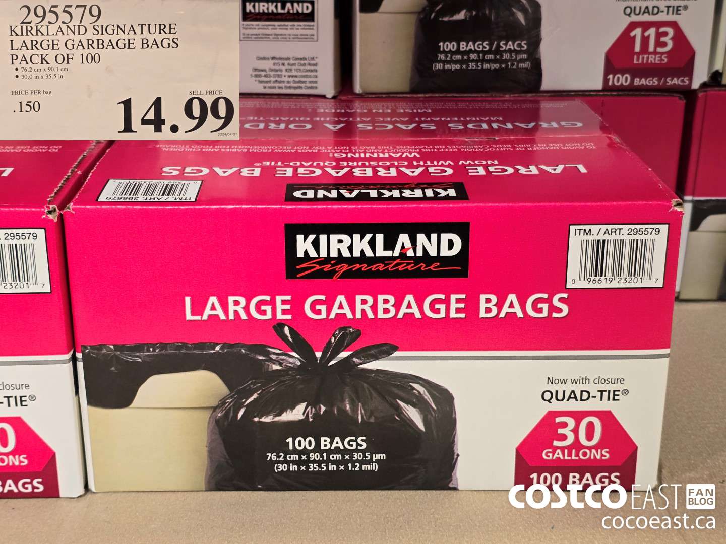 295579 KIRKLAND SIGNATURE LARGE GARBAGE BAGS PACK OF 100 $14.99