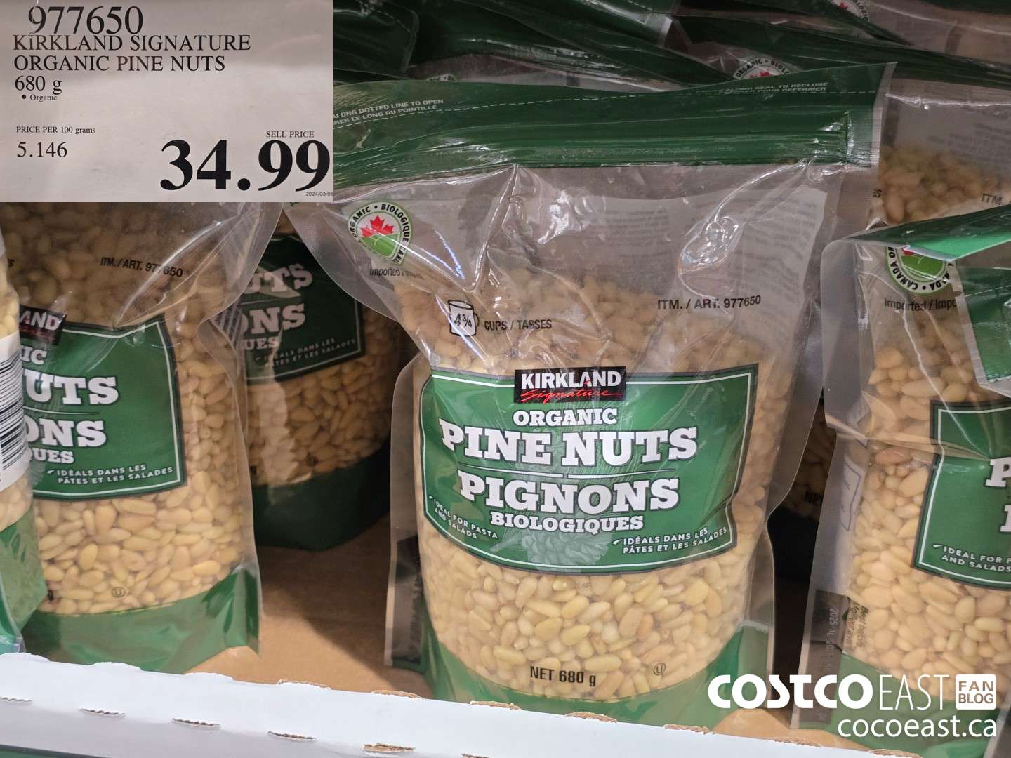 977650 KIRKLAND SIGNATURE ORGANIC PINE NUTS 680 G $34.99